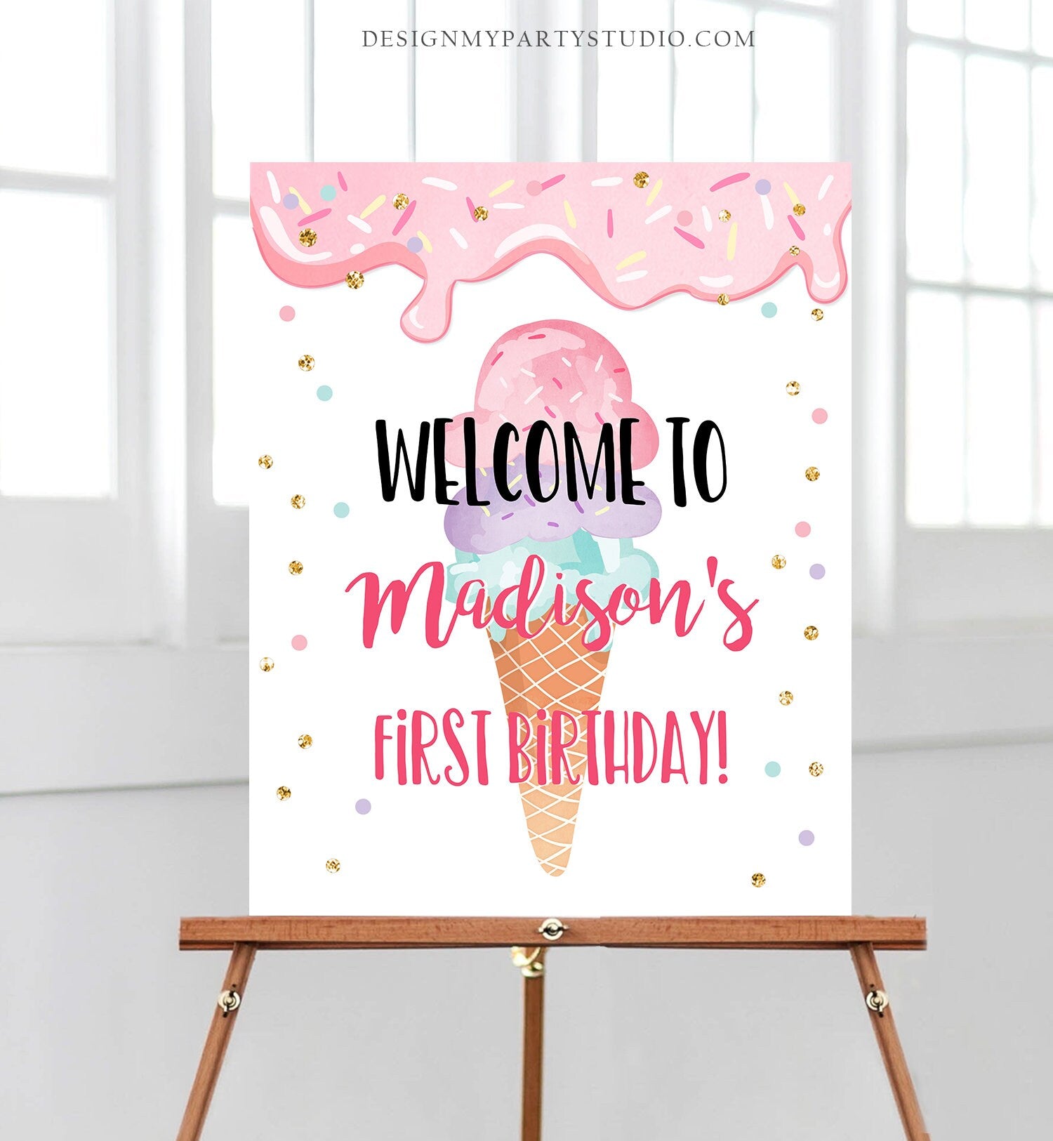 Editable Ice Cream Party Welcome Sign ice Cream Birthday Welcome Ice Cream Welcome Girl Summer Pink Purple Digital Template Printable 0243