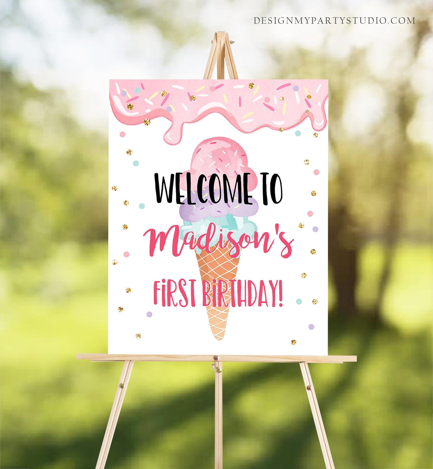 Editable Ice Cream Party Welcome Sign ice Cream Birthday Welcome Ice Cream Welcome Girl Summer Pink Purple Digital Template Printable 0243