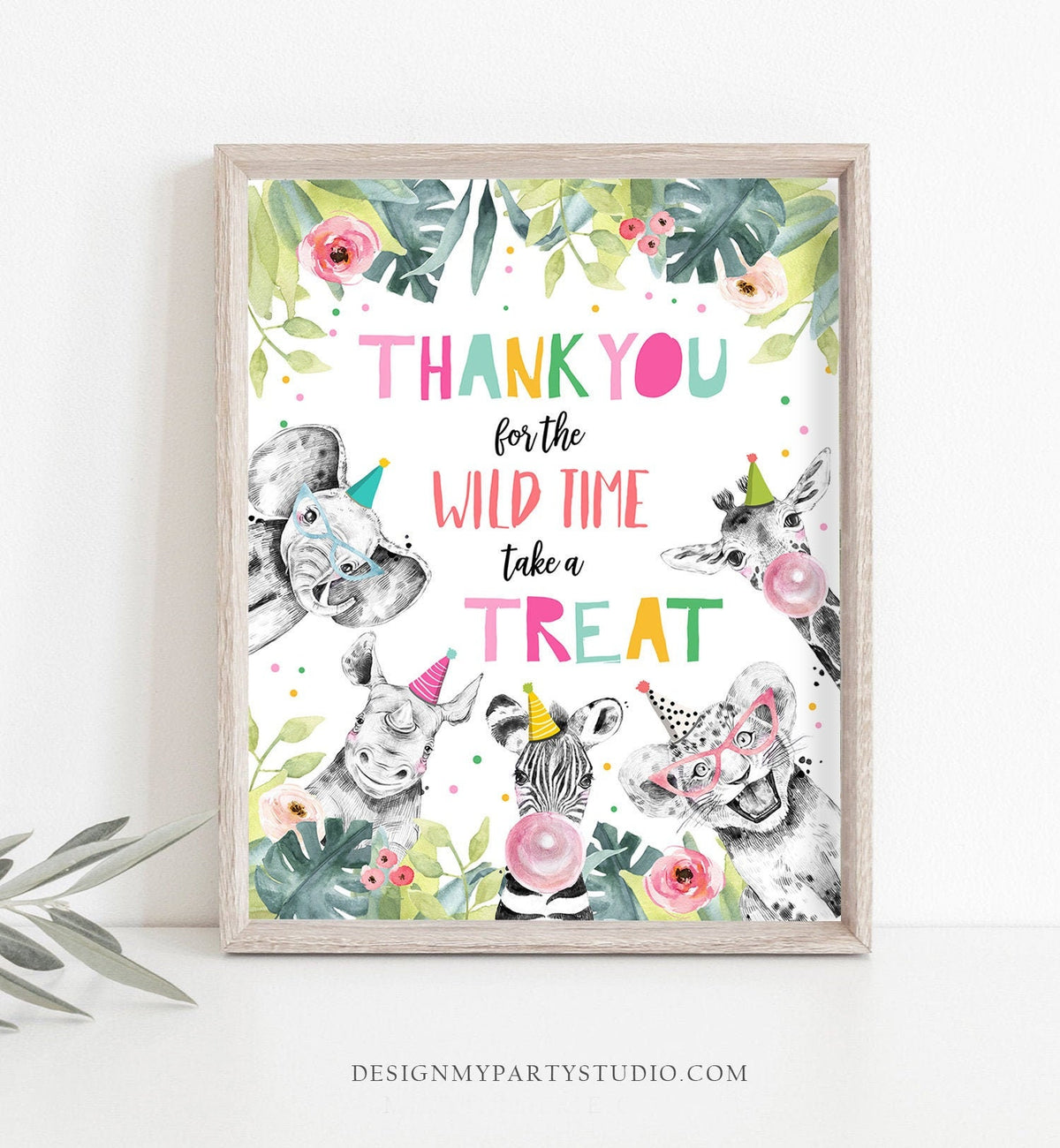 Thank You Wild Time Birthday Sign Party Take a Treat Sign Safari Animals Party Animals Zoo Girl Pink Decor Instant Download Printable 0322