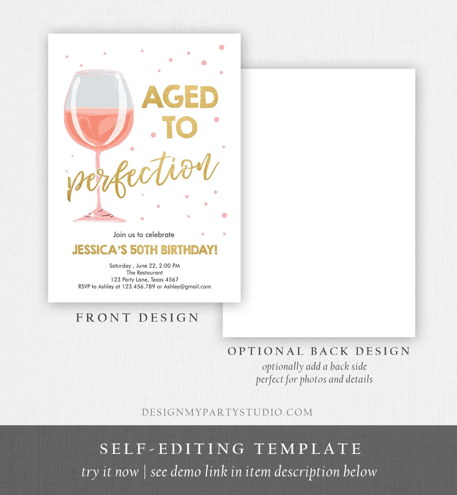 Editable Aged to Perfection Birthday Invitation Pink Rose Wine Glass Adult Birthday Party Rustic Surprise Corjl Template Printable 0252