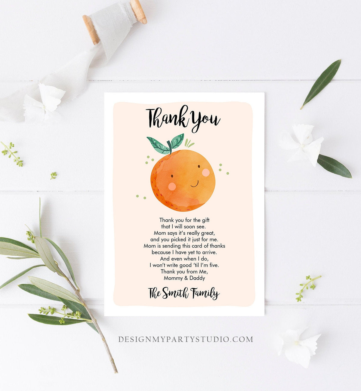 Editable A Little Cutie Thank You Card Baby Shower Clementine Orange Thank You Coed Shower Neutral Download Printable Corjl Template 0330