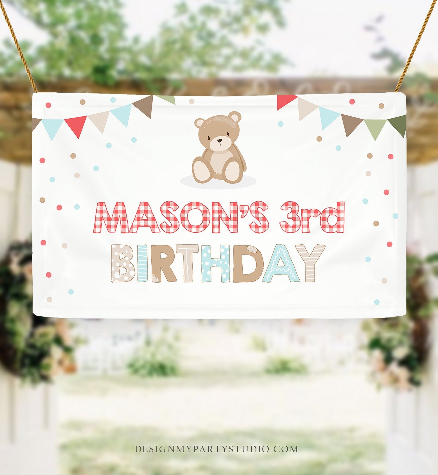 Editable Teddy Bear Birthday Backdrop Banner Teddy Bear Picnic Birthday Welcome Boy Blue Digital Download Template Printable 0100