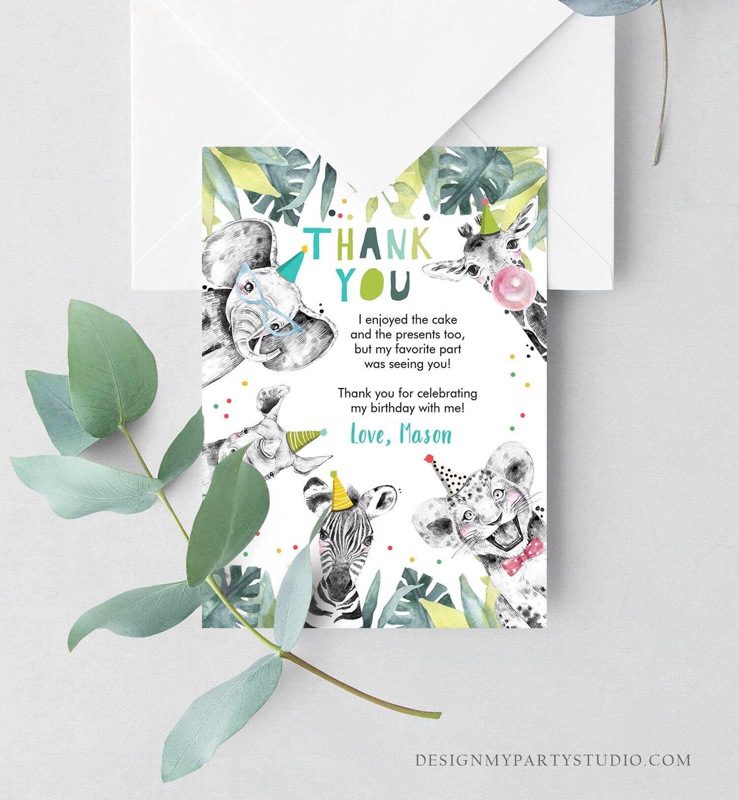 Editable Thank You Card Safari Animals Wild One Two Wild Thank You Note Boy Blue Gold Jungle Zoo Party Animals Corjl Template Digital 0322