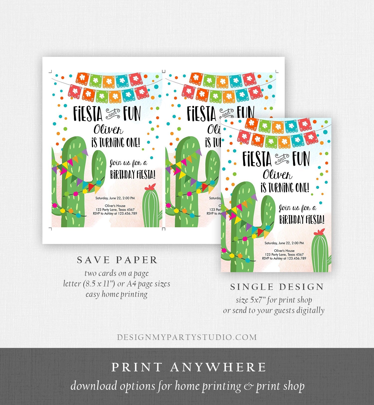 Editable Fiesta and Fun Birthday Invitation First Birthday Cactus Garland Blue Boy ANY AGE Digital Download Evite Template Printable 0135