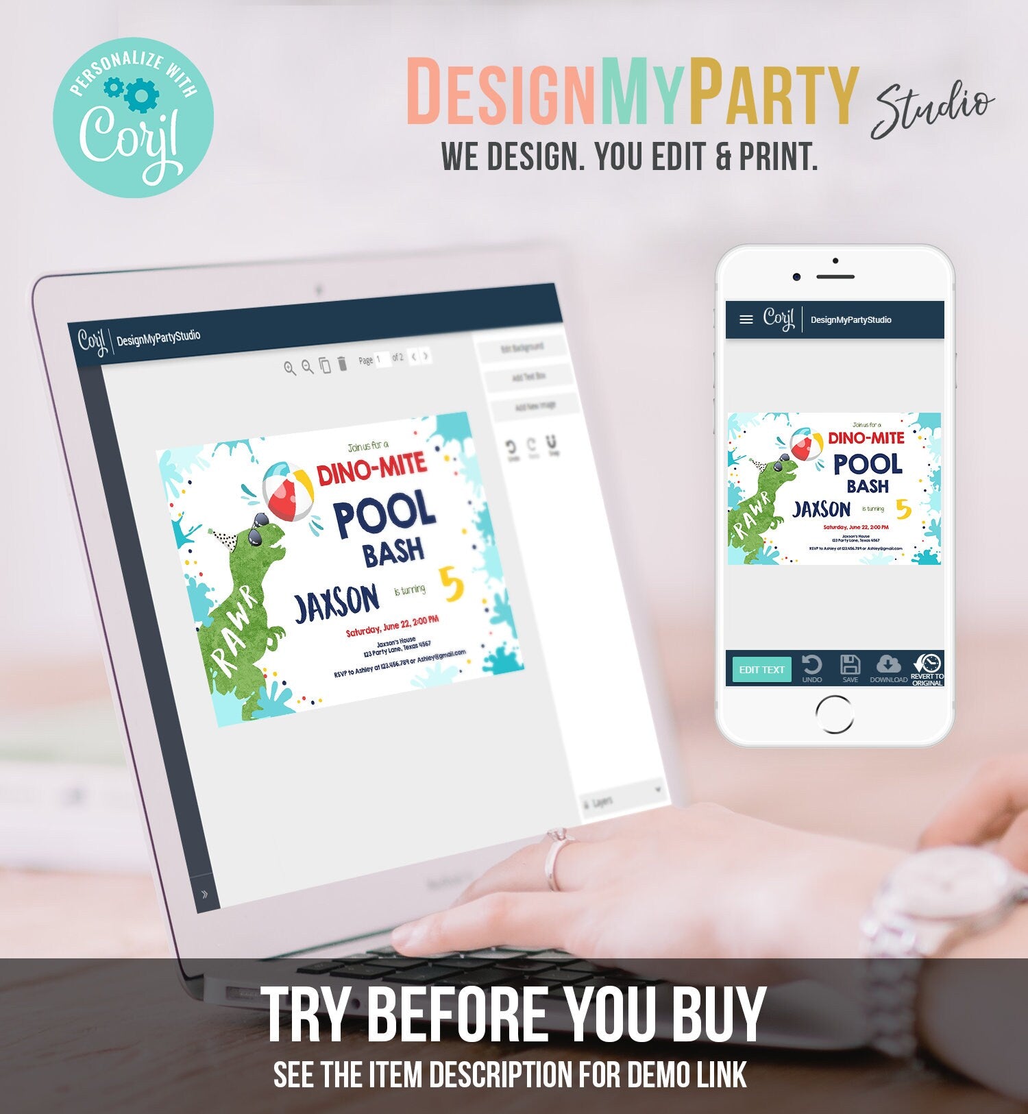 Editable Dinosaur Pool Party Birthday Invitation Dinosaur Birthday Dino T-Rex Boy Bash Download Printable Invitation Template Corjl 0305