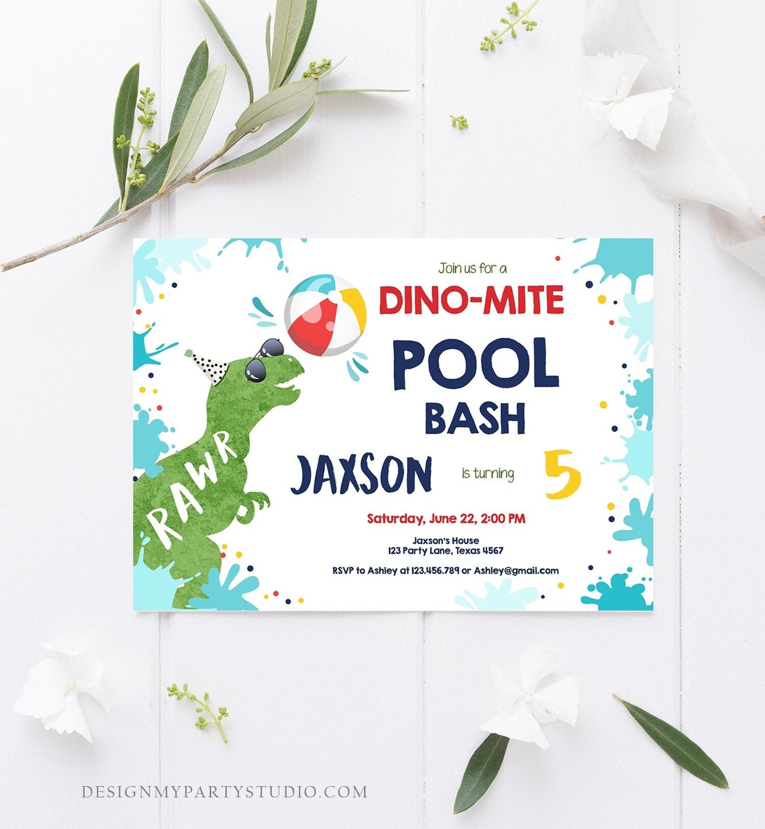 Editable Dinosaur Pool Party Birthday Invitation Dinosaur Birthday Dino T-Rex Boy Bash Download Printable Invitation Template Corjl 0305