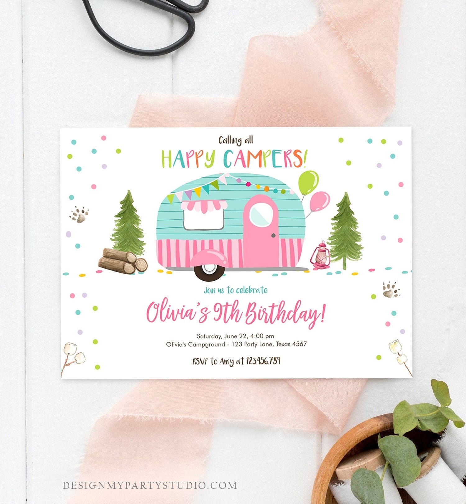 Editable Happy Camper Birthday Invitation Girl Pink Camping Party Pink Camper Glamping Download Printable Template Digital Corjl 0342