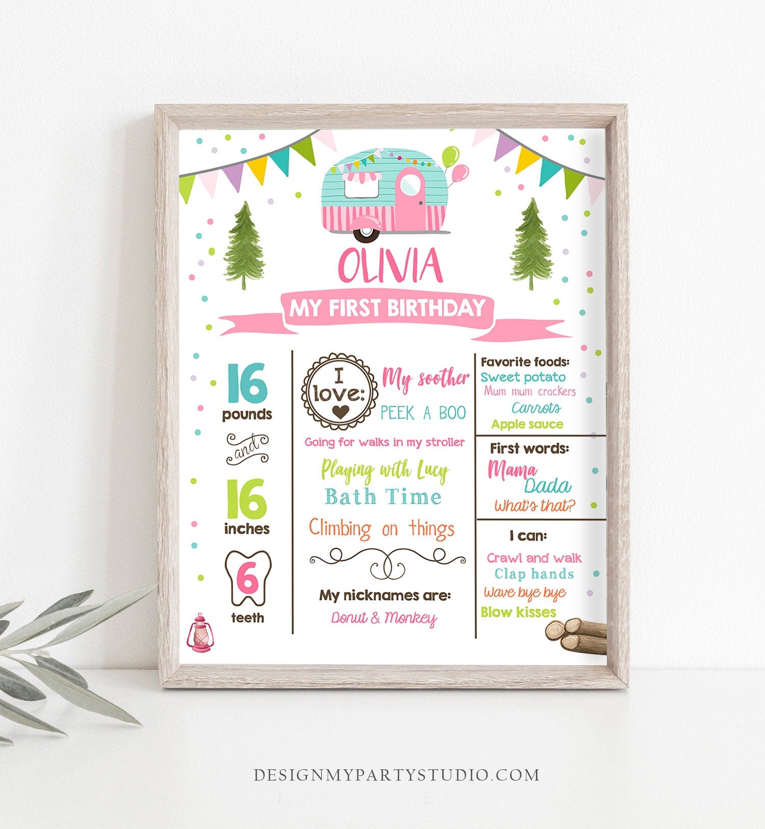 Editable Happy Camper Birthday Milestones Sign ANY AGE Pink Camper Girl Glamping Party Decoration Download Template Printable Corjl 0342