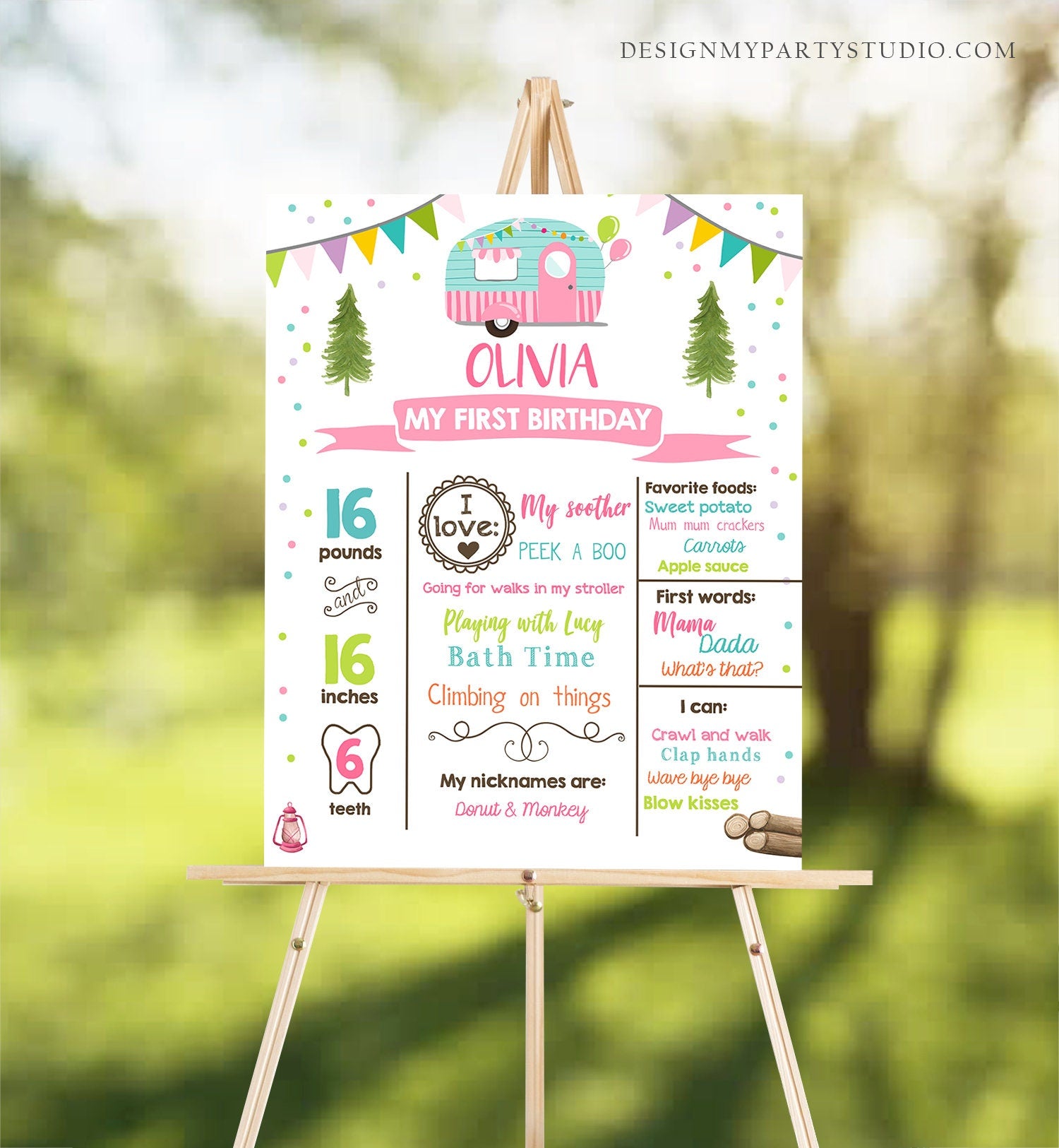 Editable Happy Camper Birthday Milestones Sign ANY AGE Pink Camper Girl Glamping Party Decoration Download Template Printable Corjl 0342