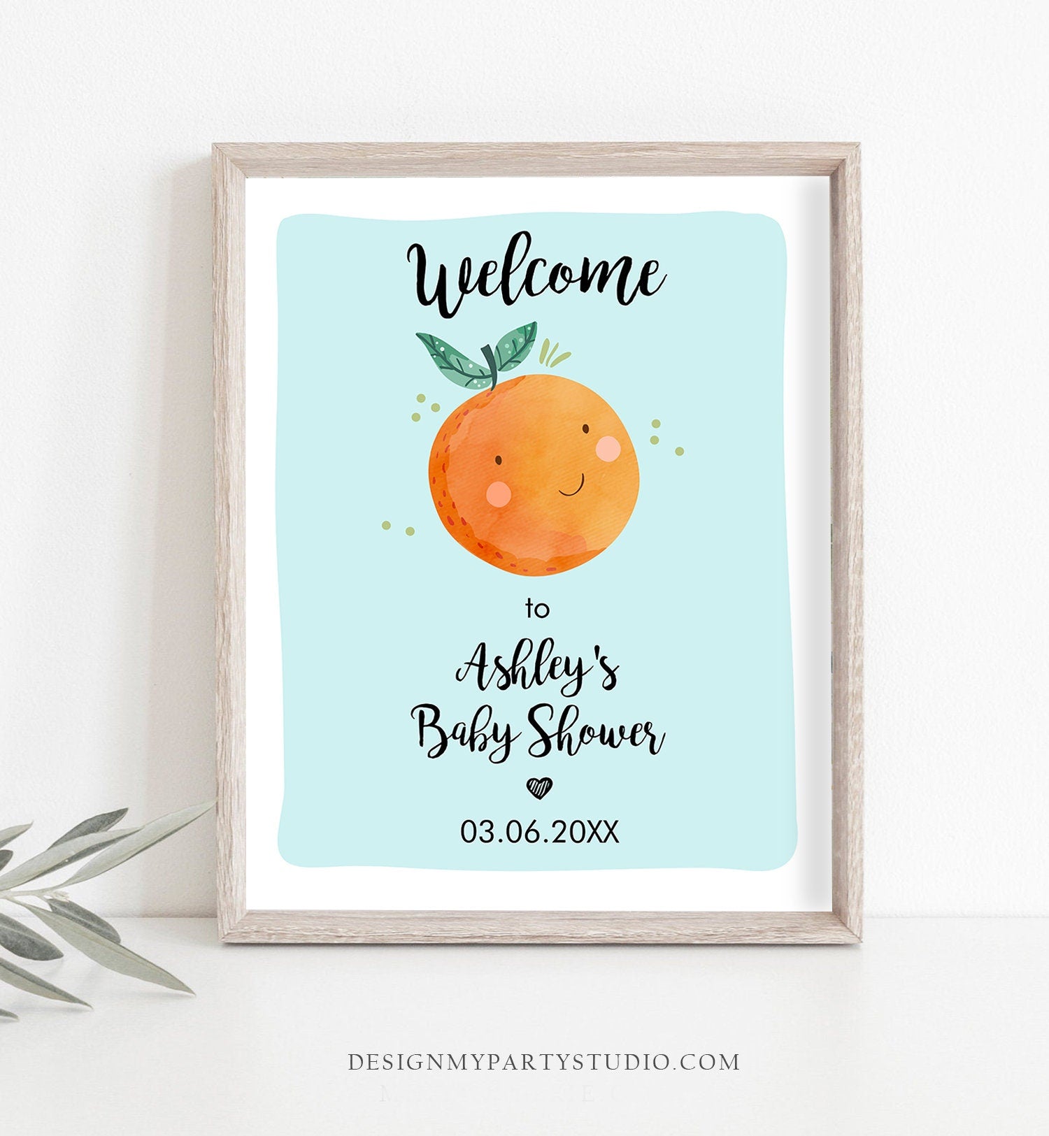 Editable Little Cutie Baby Shower Sign Welcome Baby Boy Blue Couples Shower Clementine Orange Shower Sign Yard Sign Corjl Template 0330