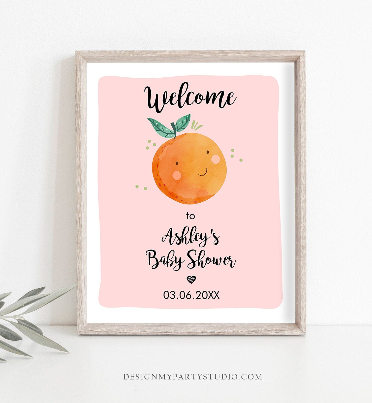 Editable Little Cutie Baby Shower Sign Welcome Baby Girl Pink Couples Shower Clementine Orange Shower Sign Yard Sign Corjl Template 0330