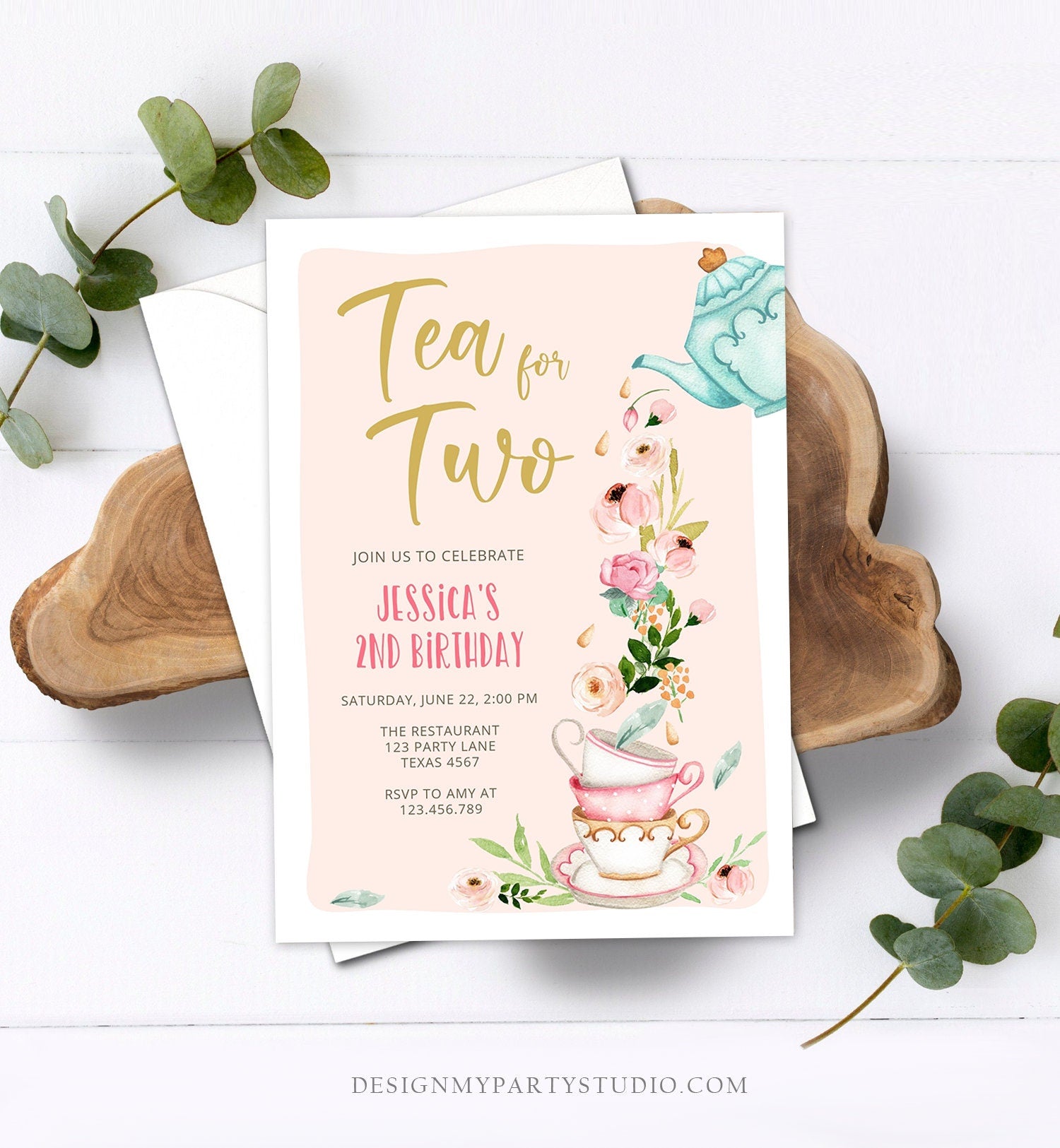 Editable Tea for Two Birthday Invitation Girl Tea Party Invite Pink Gold Floral Peach Pink Digital Download Evite Template Printable 0349