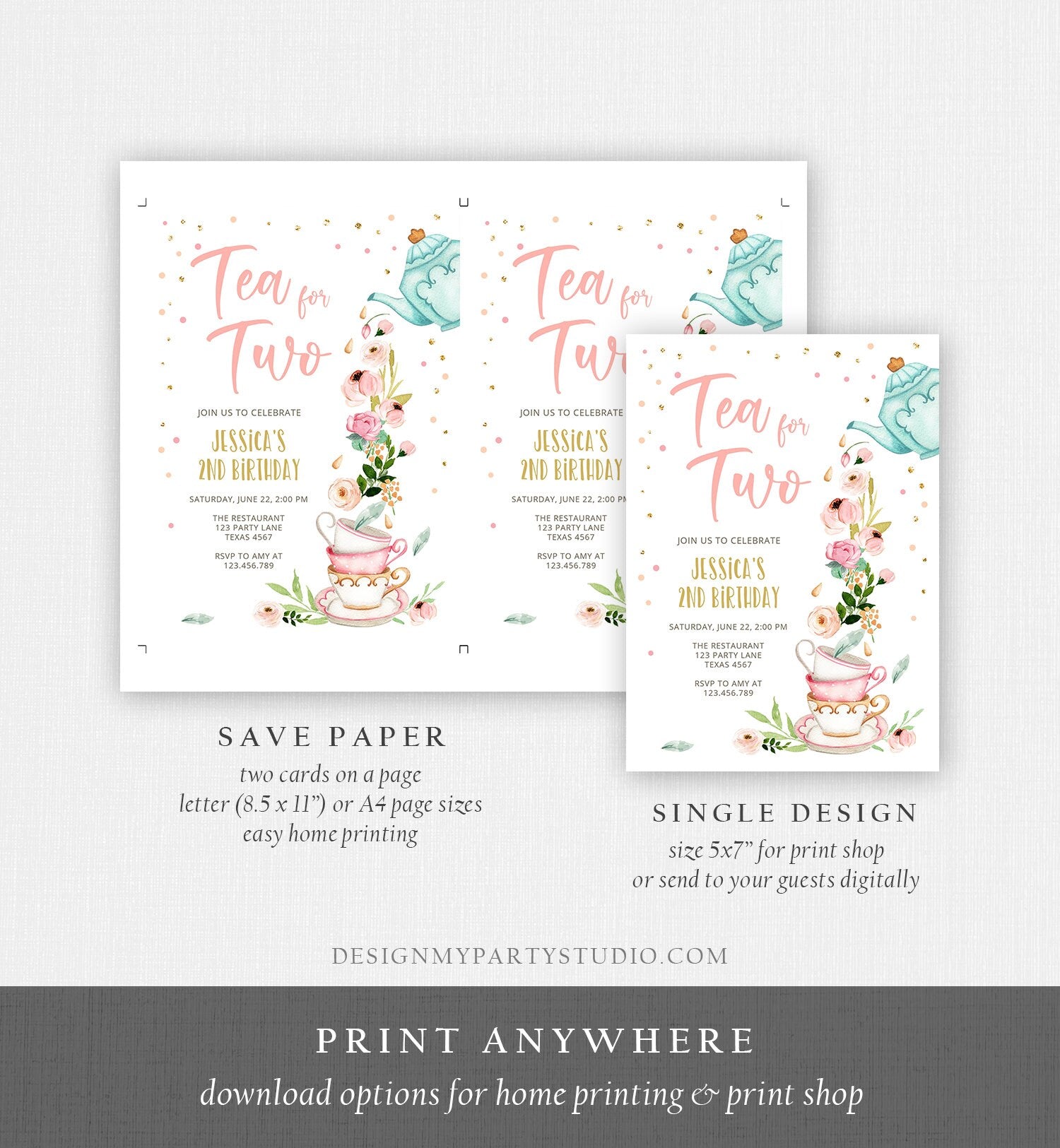 Editable Tea for Two Birthday Invitation Girl Tea Party Invite Pink Gold Floral Peach Pink Download Printable Template Corjl Digital 0349