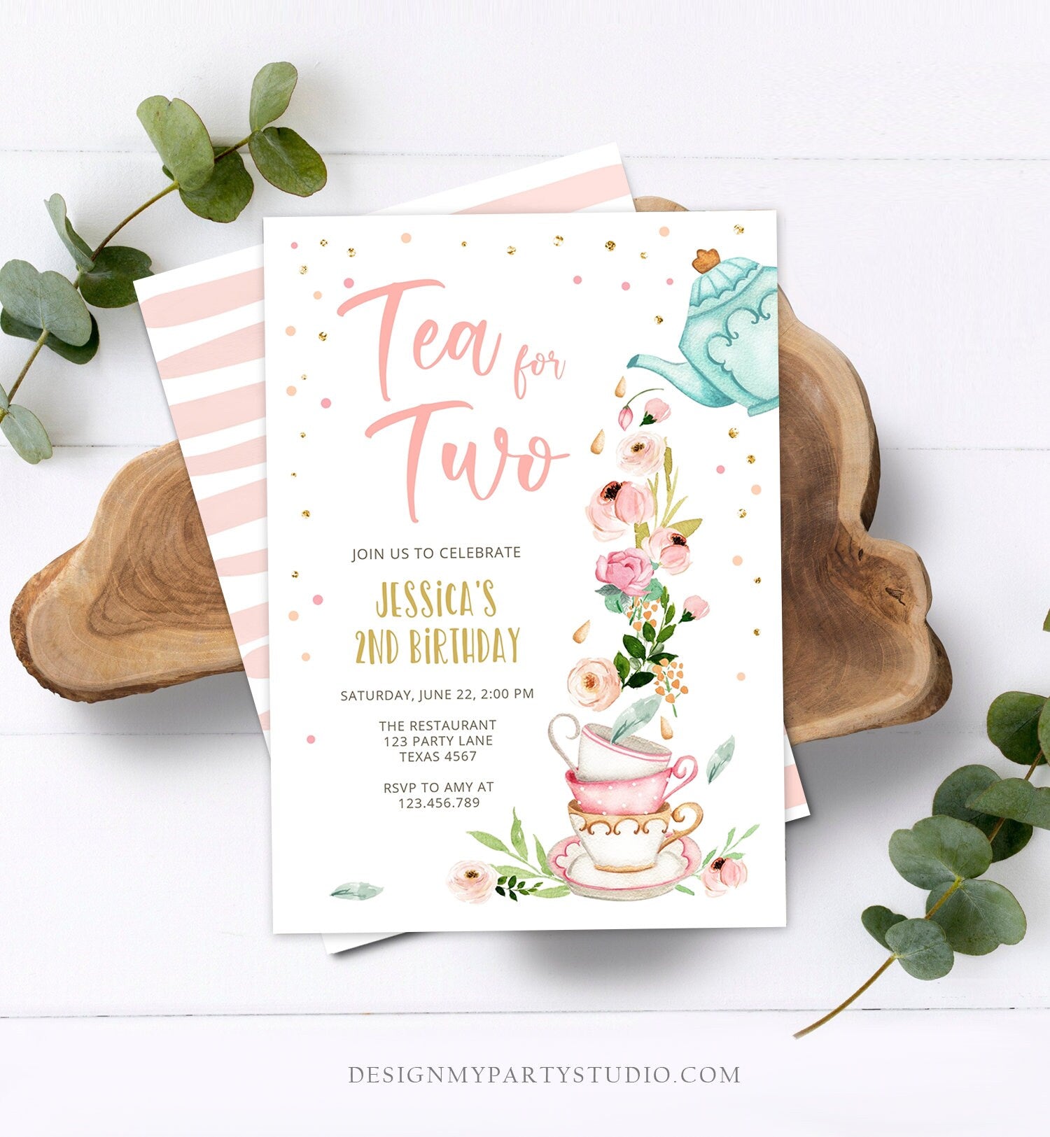 Editable Tea for Two Birthday Invitation Girl Tea Party Invite Pink Gold Floral Peach Pink Download Printable Template Corjl Digital 0349