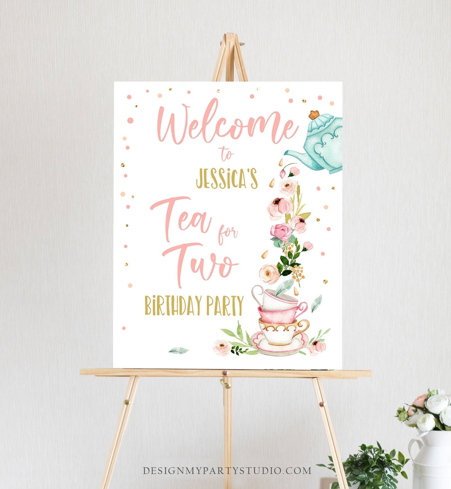 Editable Tea for Two Party Welcome Sign Tea Birthday Welcome Floral Pink Peach Girl 2nd Birthday Garden Party Template PRINTABLE Corjl 0349