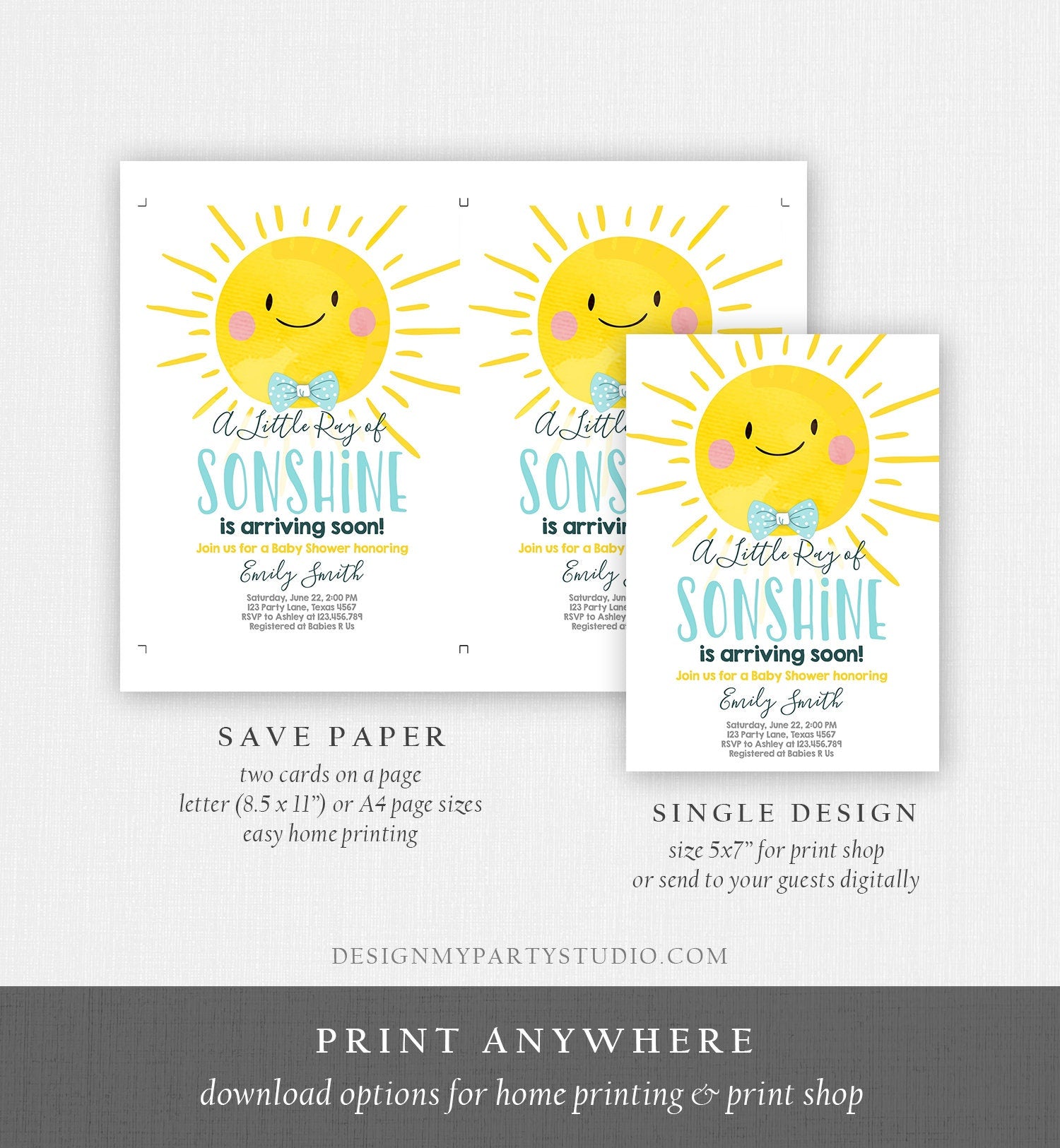 Editable Baby Shower Invitation A Ray of Sonshine Little Sunshine Blue Yellow Boy Invite Template Instant Download Digital Corjl 0141