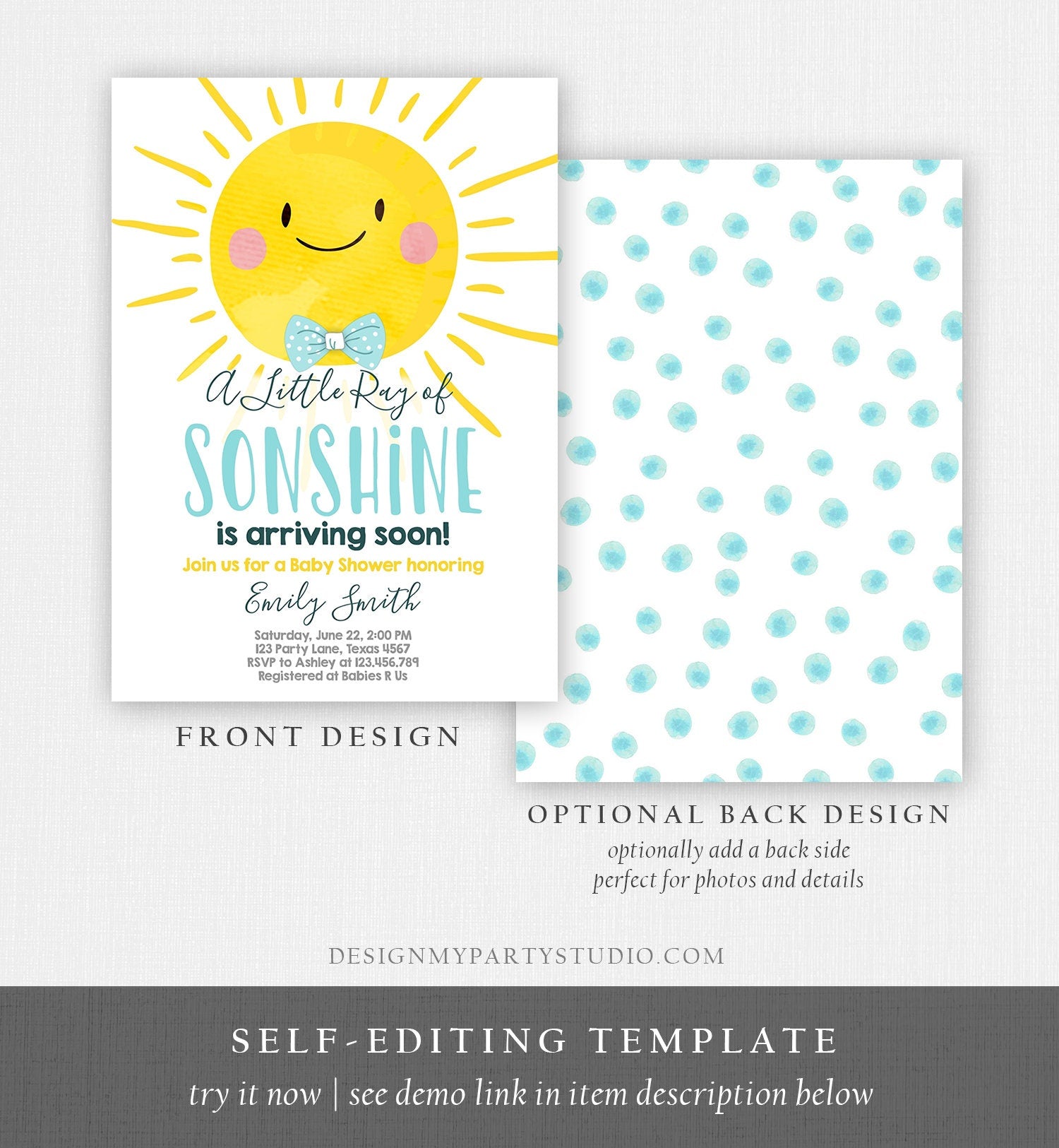 Editable Baby Shower Invitation A Ray of Sonshine Little Sunshine Blue Yellow Boy Invite Template Instant Download Digital Corjl 0141