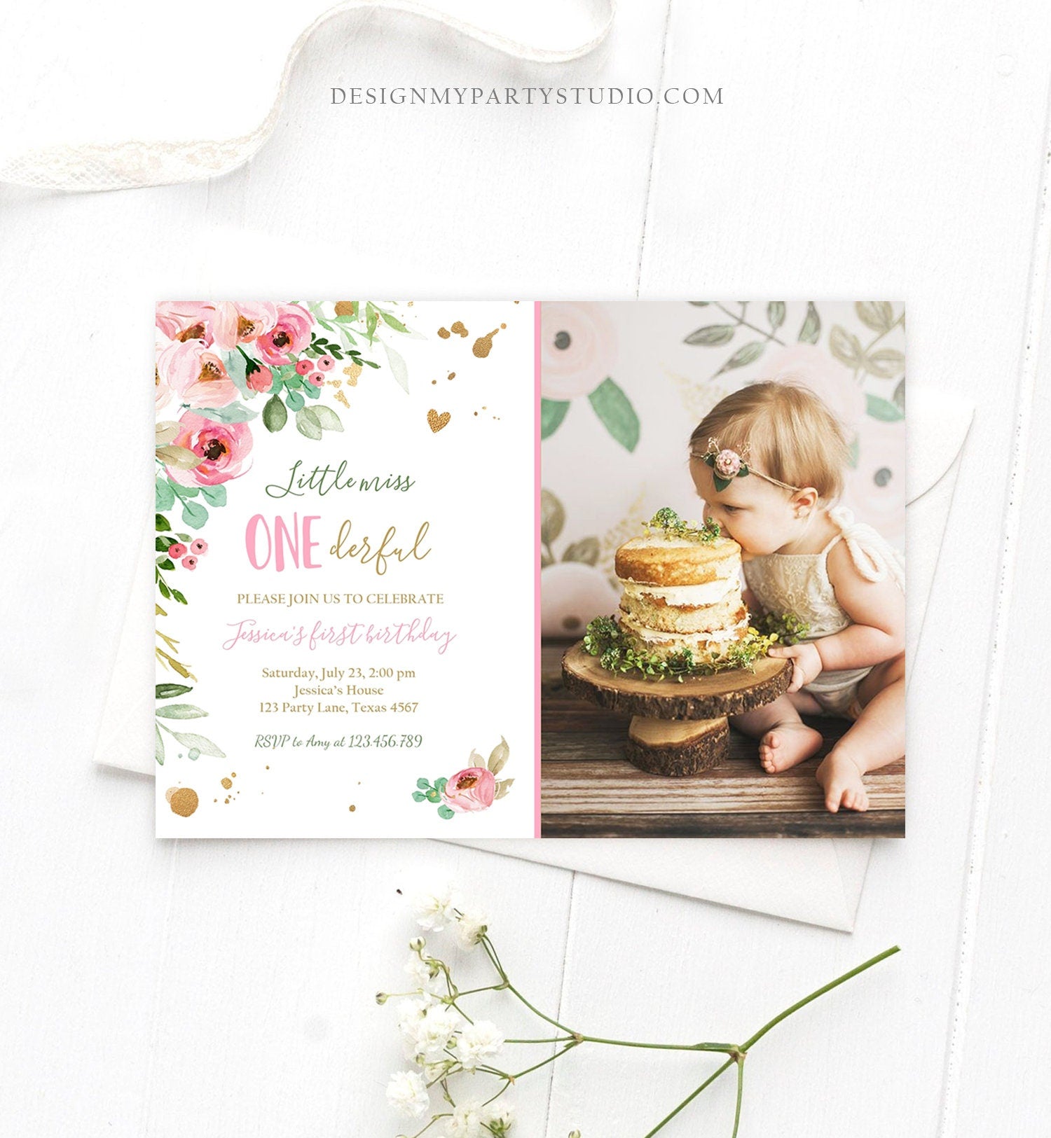 Editable Little Miss Onederful Birthday Invitation 1st Birthday Girl Blush Pink Gold Floral Download Printable Template Corjl Digital 0147