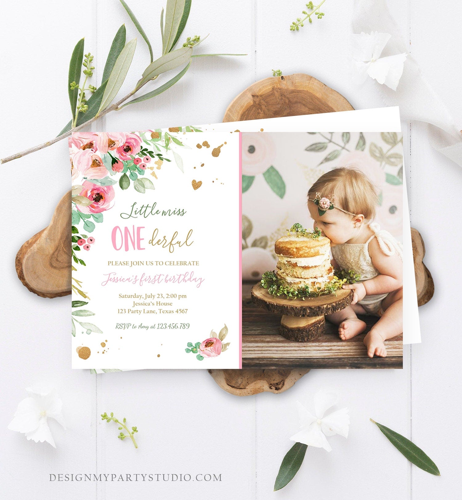 Editable Little Miss Onederful Birthday Invitation 1st Birthday Girl Blush Pink Gold Floral Download Printable Template Corjl Digital 0147