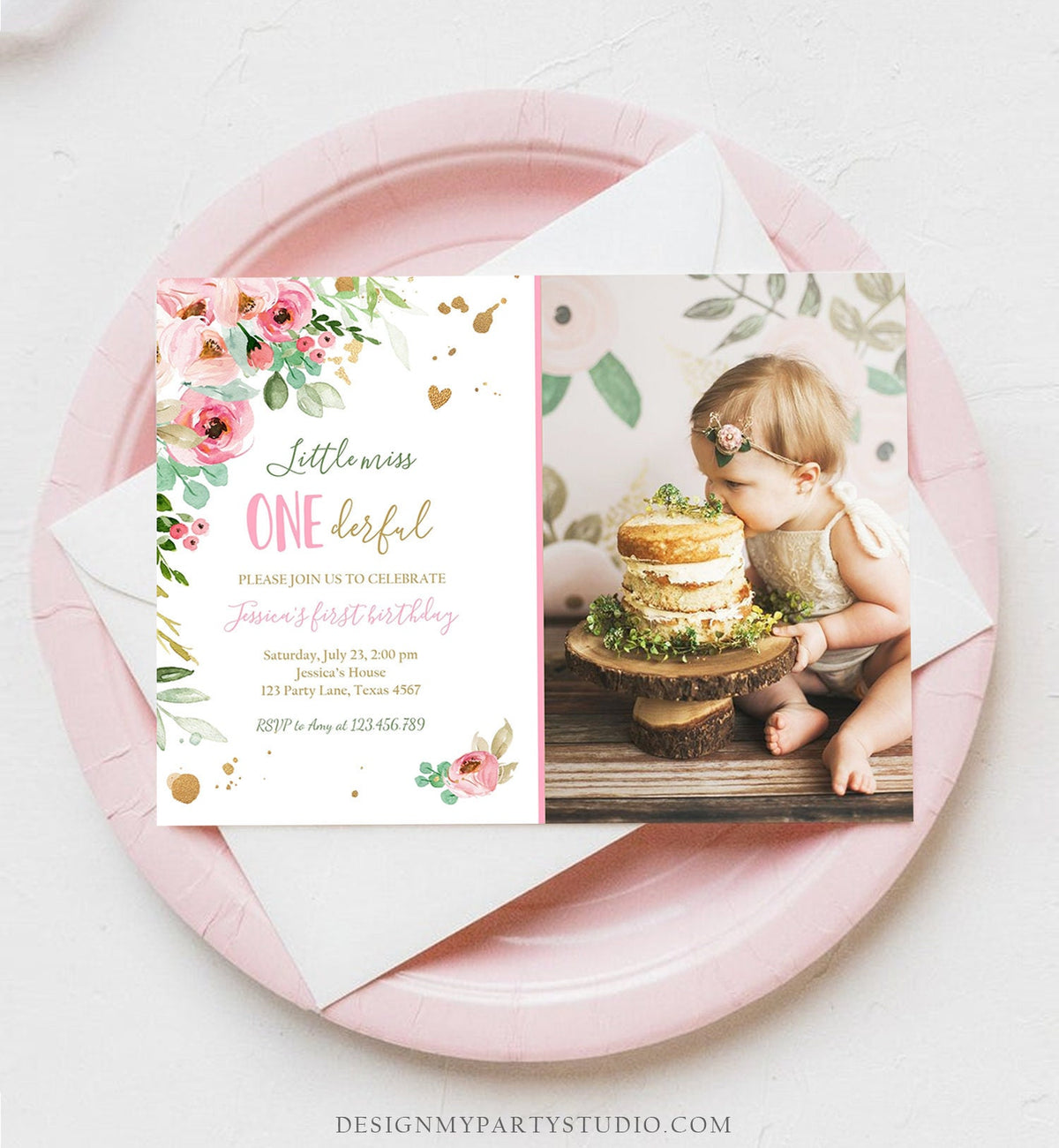 Editable Little Miss Onederful Birthday Invitation 1st Birthday Girl Blush Pink Gold Floral Download Printable Template Corjl Digital 0147