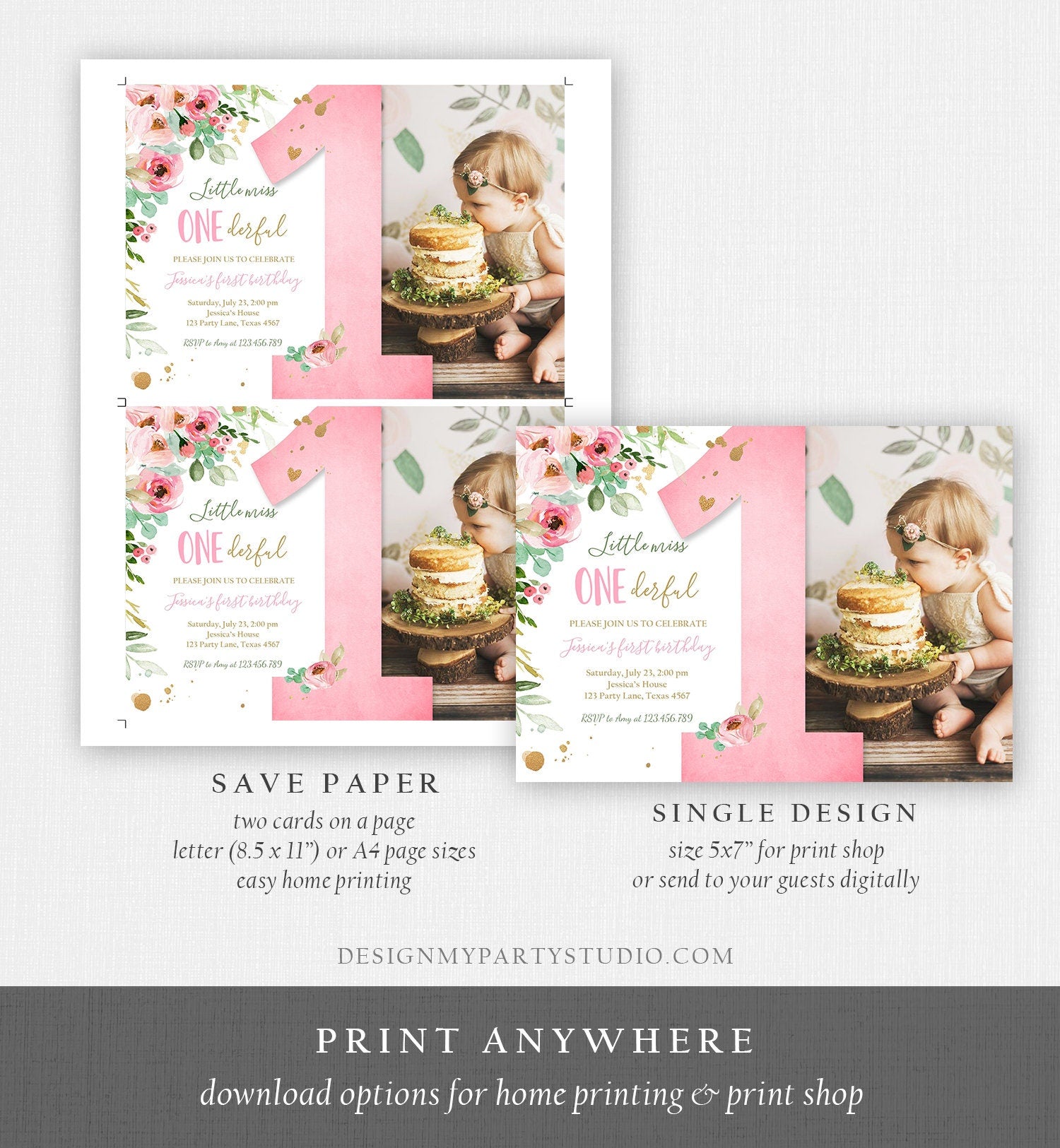 Editable Little Miss Onederful Birthday Invitation 1st Birthday Girl Blush Pink Gold Floral Download Printable Template Corjl Digital 0147