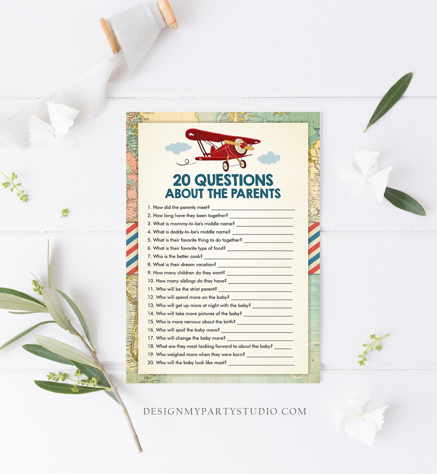 Editable Questions About the Parents Baby Shower Game Vintage Airplane Red Travel Adventure Shower Sprinkle Corjl Template Printable 0011