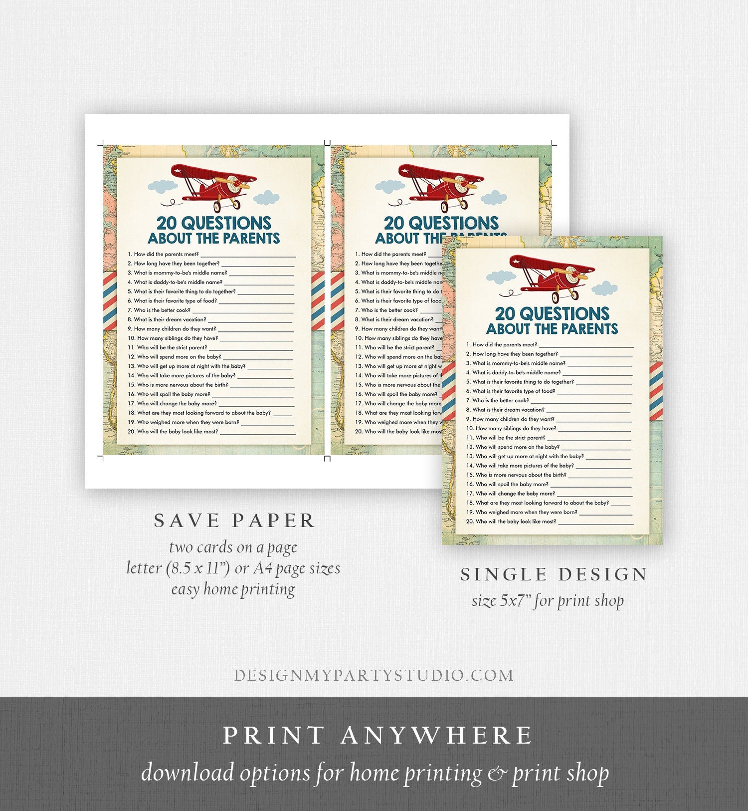 Editable Questions About the Parents Baby Shower Game Vintage Airplane Red Travel Adventure Shower Sprinkle Corjl Template Printable 0011