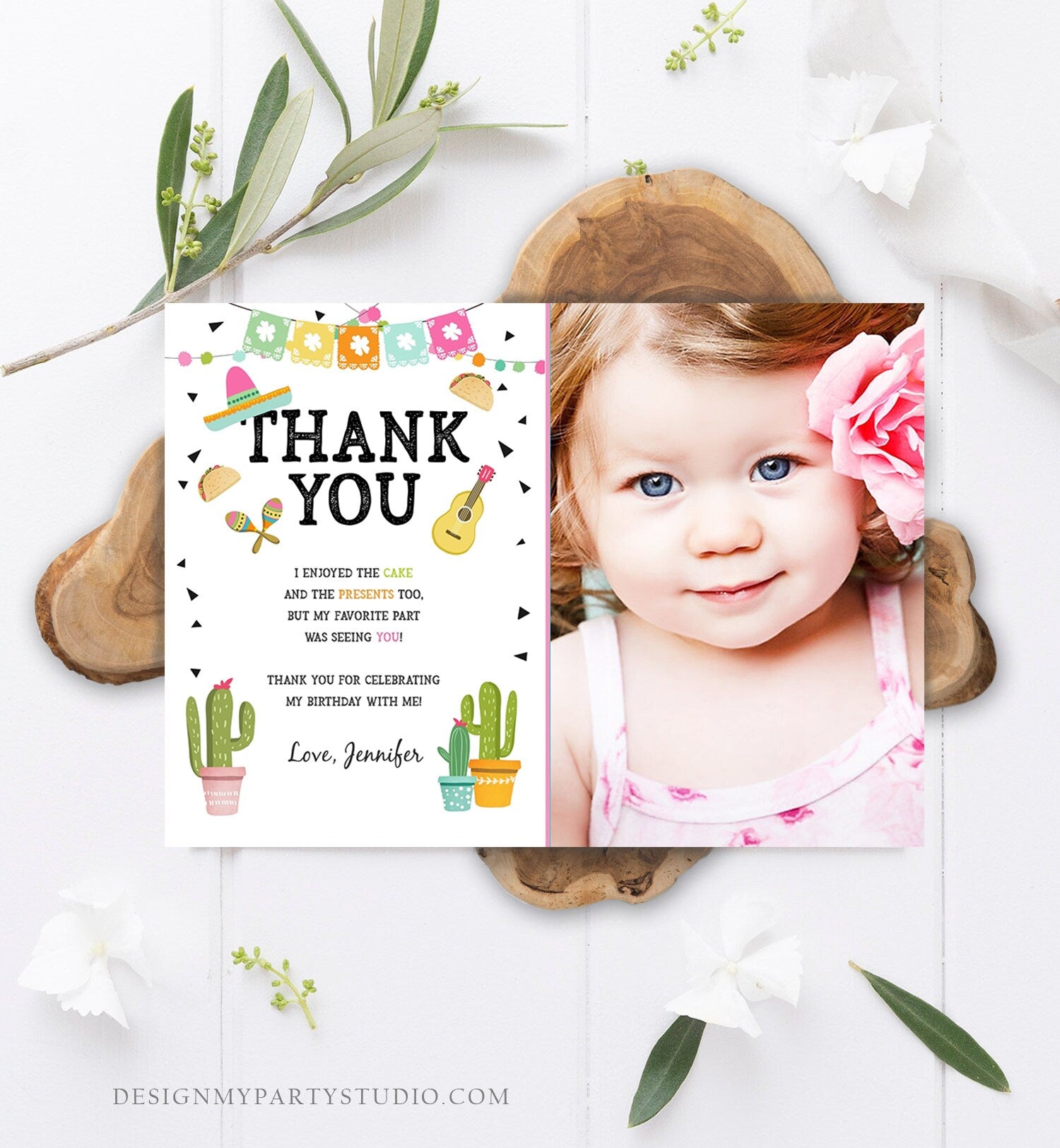 Editable Taco Fiesta Thank You Card Birthday Party Baby Bridal Shower Cactus Succulent Mexican Green Girl Corjl Template Printable 0161