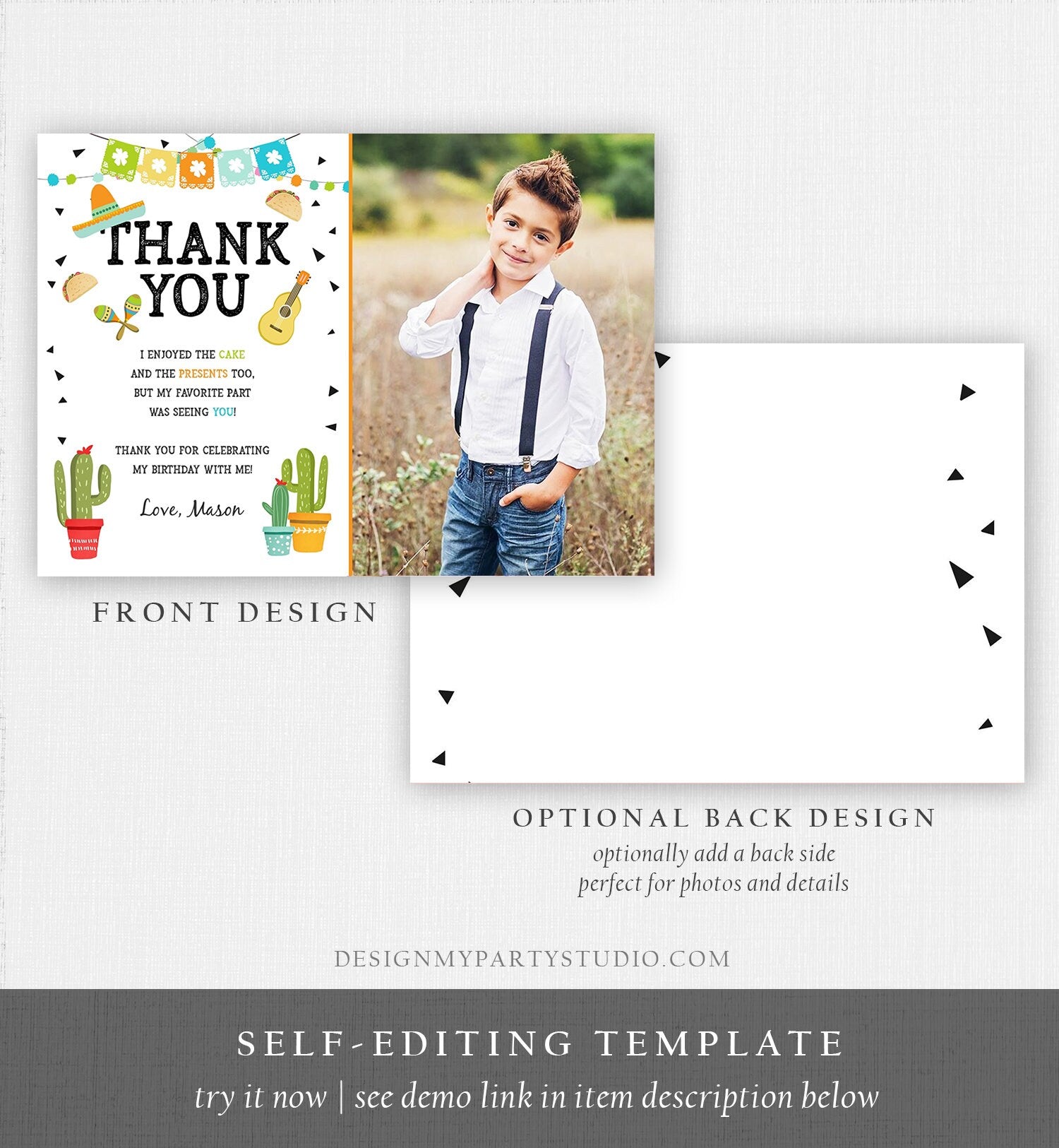 Editable Taco Fiesta Thank You Card Birthday Party Baby Bridal Shower Cactus Succulent Mexican Green Boy Corjl Template Printable 0161