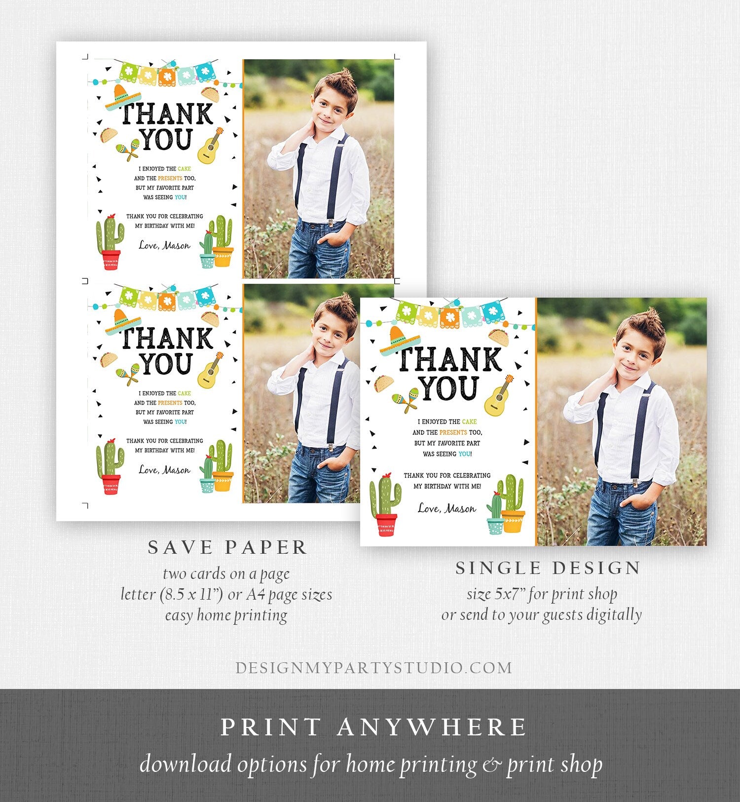 Editable Taco Fiesta Thank You Card Birthday Party Baby Bridal Shower Cactus Succulent Mexican Green Boy Corjl Template Printable 0161