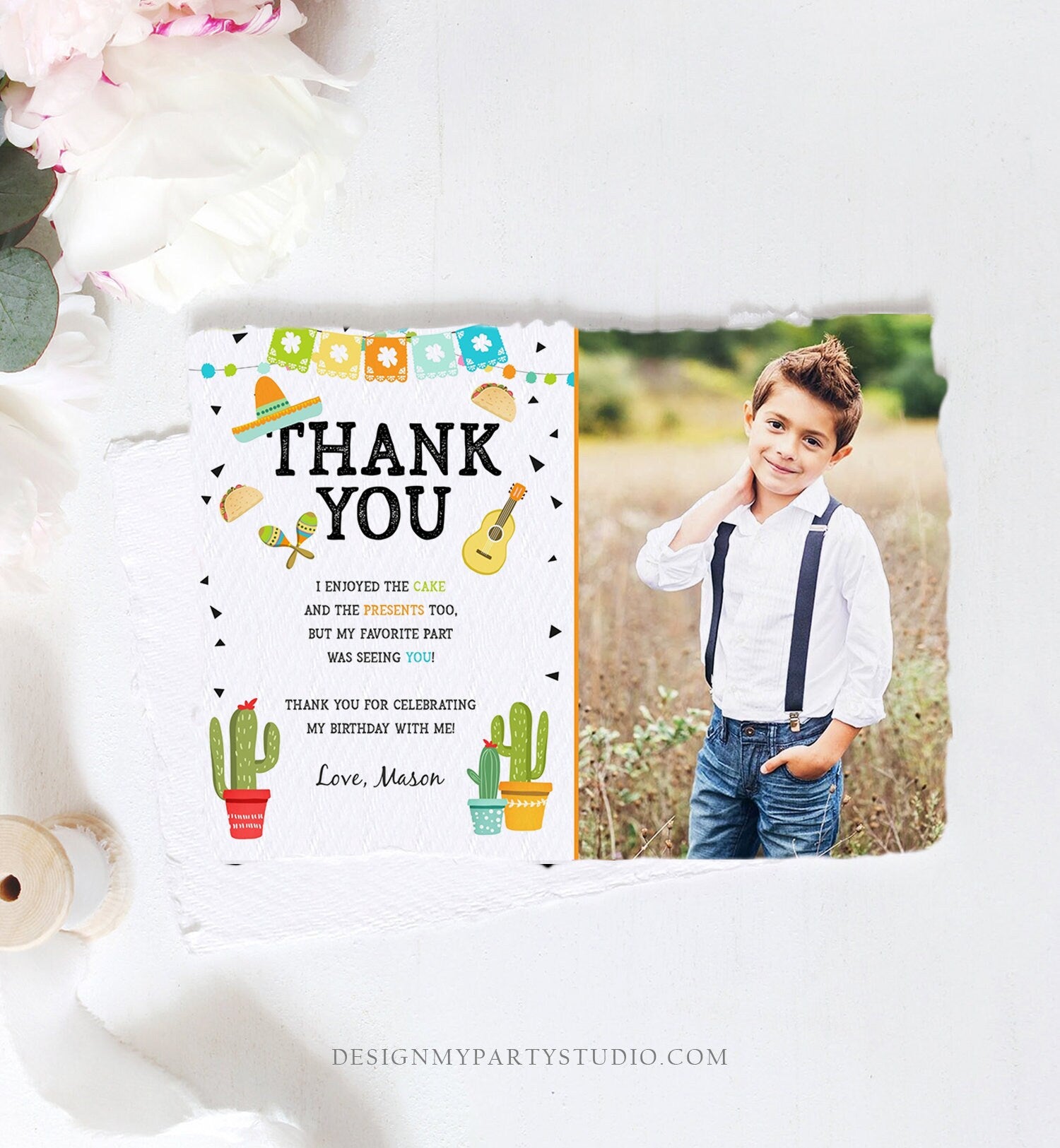 Editable Taco Fiesta Thank You Card Birthday Party Baby Bridal Shower Cactus Succulent Mexican Green Boy Corjl Template Printable 0161