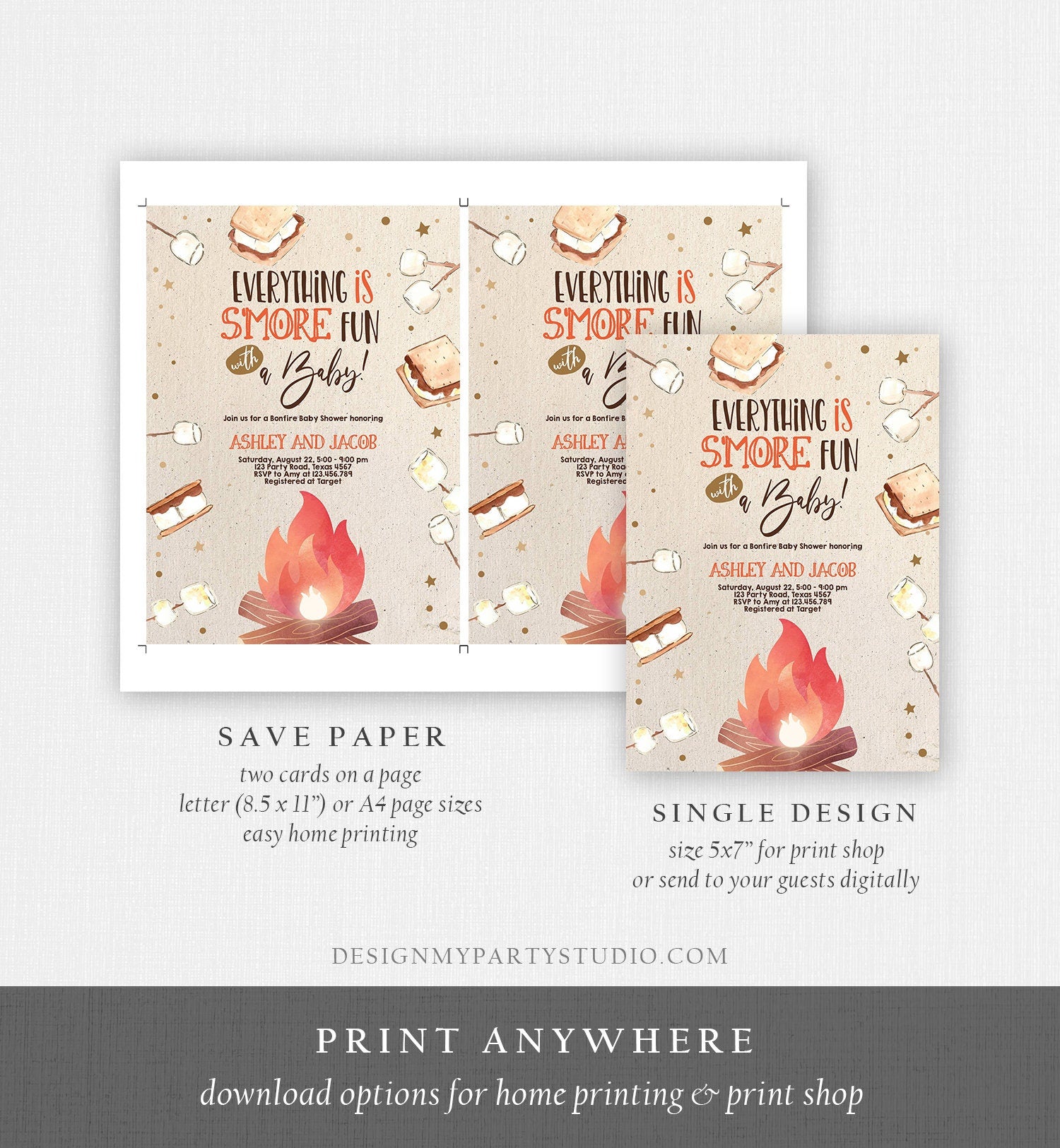 Editable S'more Baby Shower Invitation Bonfire Baby Shower Autumn Couples Shower Invite Fall Smores Neutral Printable Template Corjl 0179