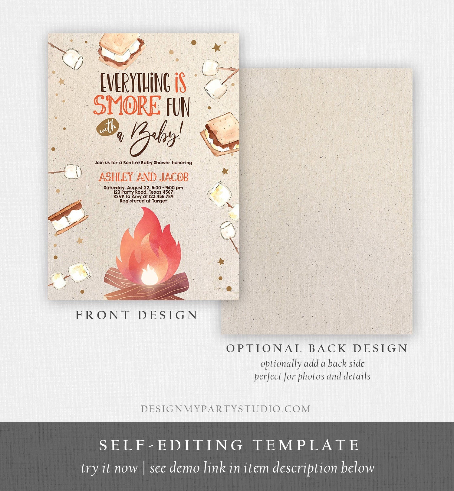 Editable S'more Baby Shower Invitation Bonfire Baby Shower Autumn Couples Shower Invite Fall Smores Neutral Printable Template Corjl 0179