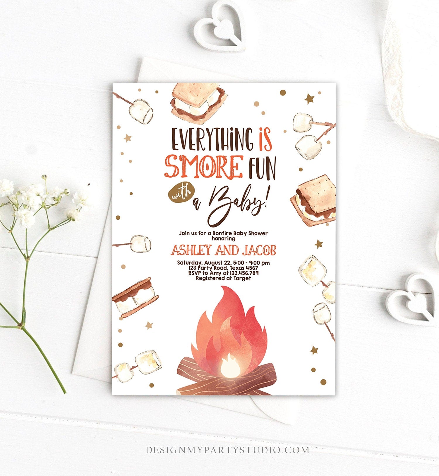 Editable S'more Baby Shower Invitation Bonfire Baby Shower Autumn Couples Shower Invite Fall Smores Neutral Printable Template Corjl 0179