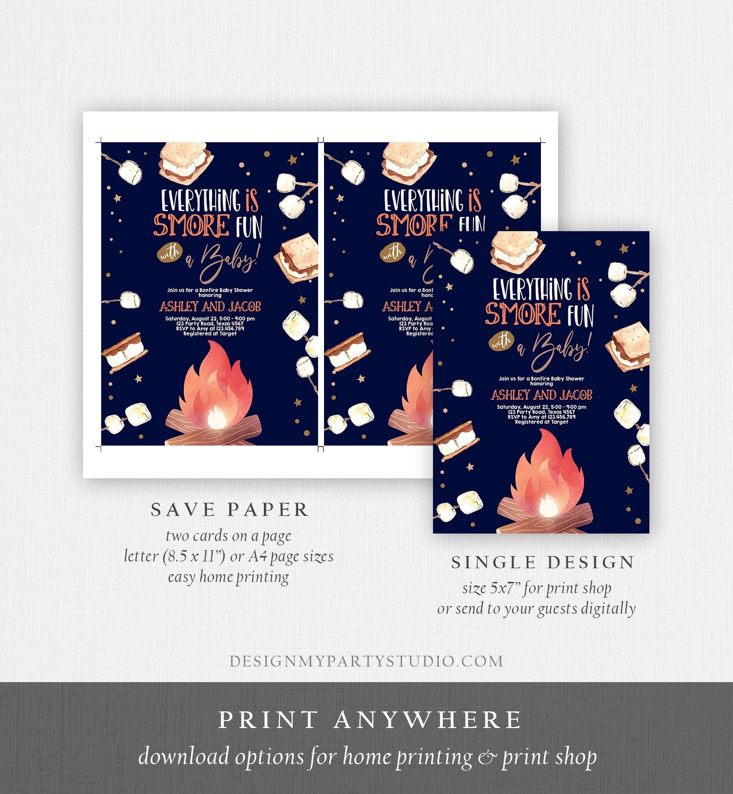 Editable S'more Baby Shower Invitation Bonfire Baby Shower Autumn Couples Shower Invite Fall Smores Neutral Printable Template Corjl 0179