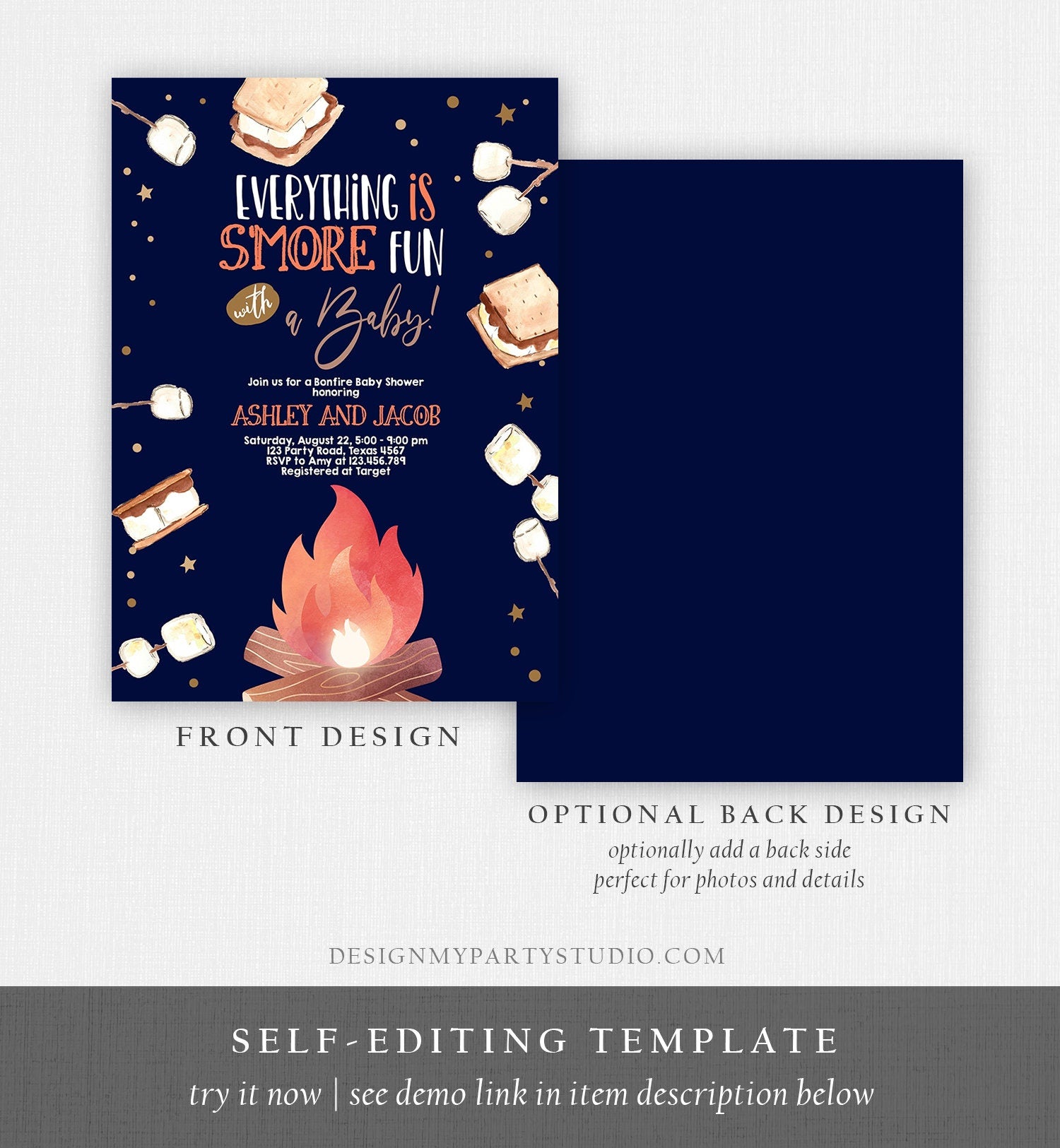 Editable S'more Baby Shower Invitation Bonfire Baby Shower Autumn Couples Shower Invite Fall Smores Neutral Printable Template Corjl 0179