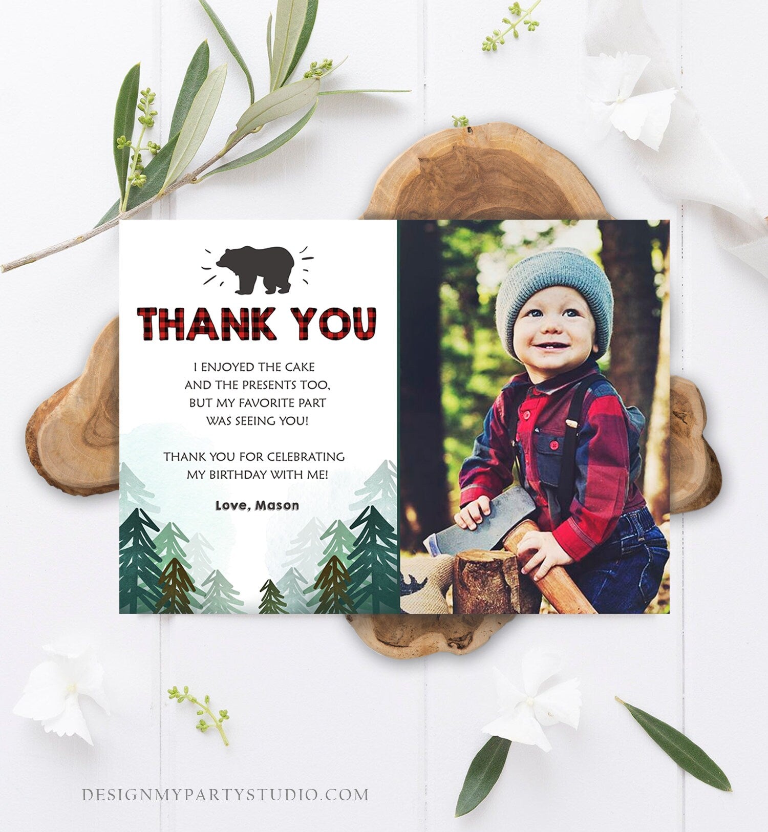 Editable Lumberjack Thank You Card Birthday Rustic Wild One Birthday Bear Forest Buffalo Plaid Trees Download Printable Template Corjl 0377