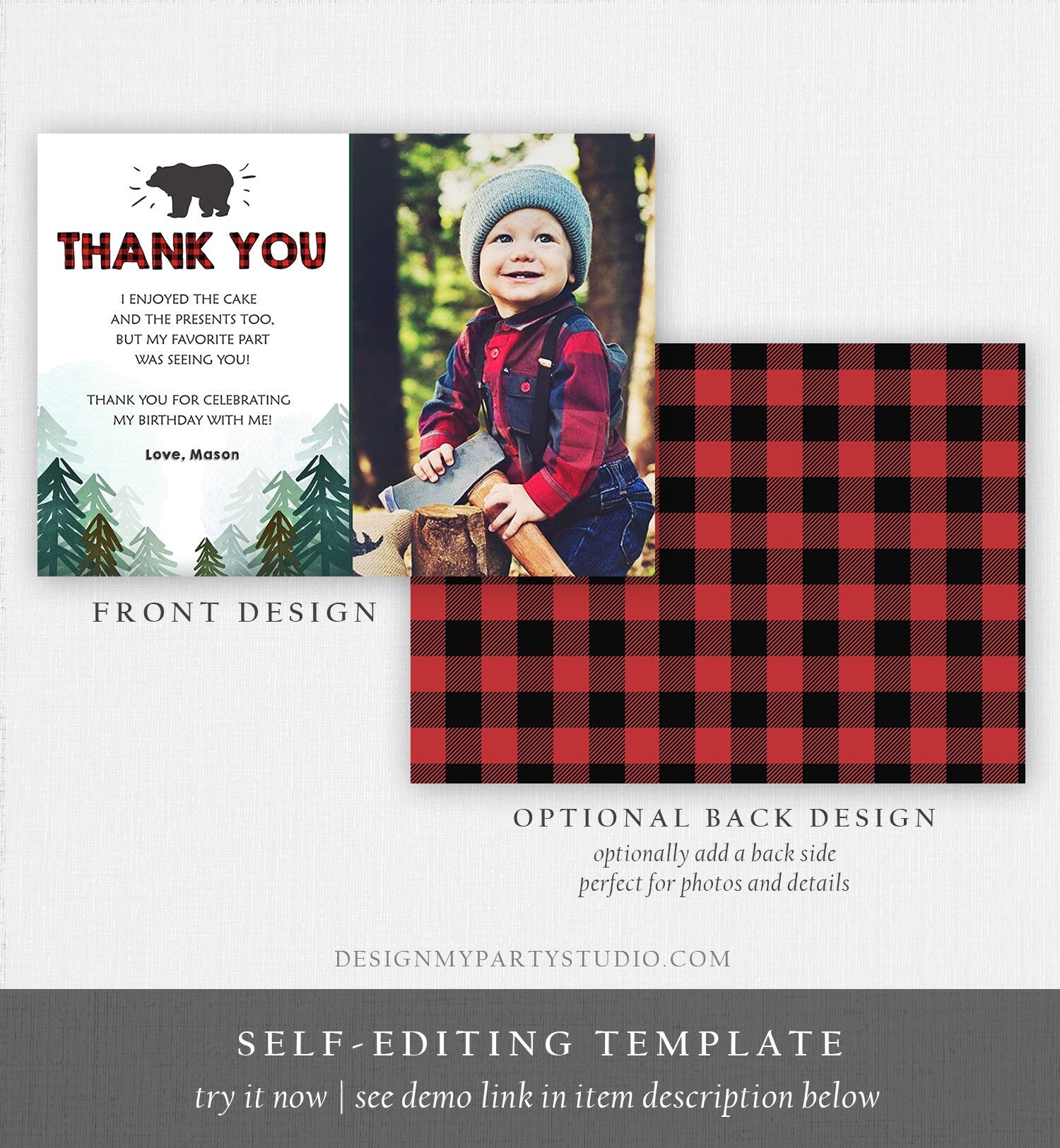 Editable Lumberjack Thank You Card Birthday Rustic Wild One Birthday Bear Forest Buffalo Plaid Trees Download Printable Template Corjl 0377