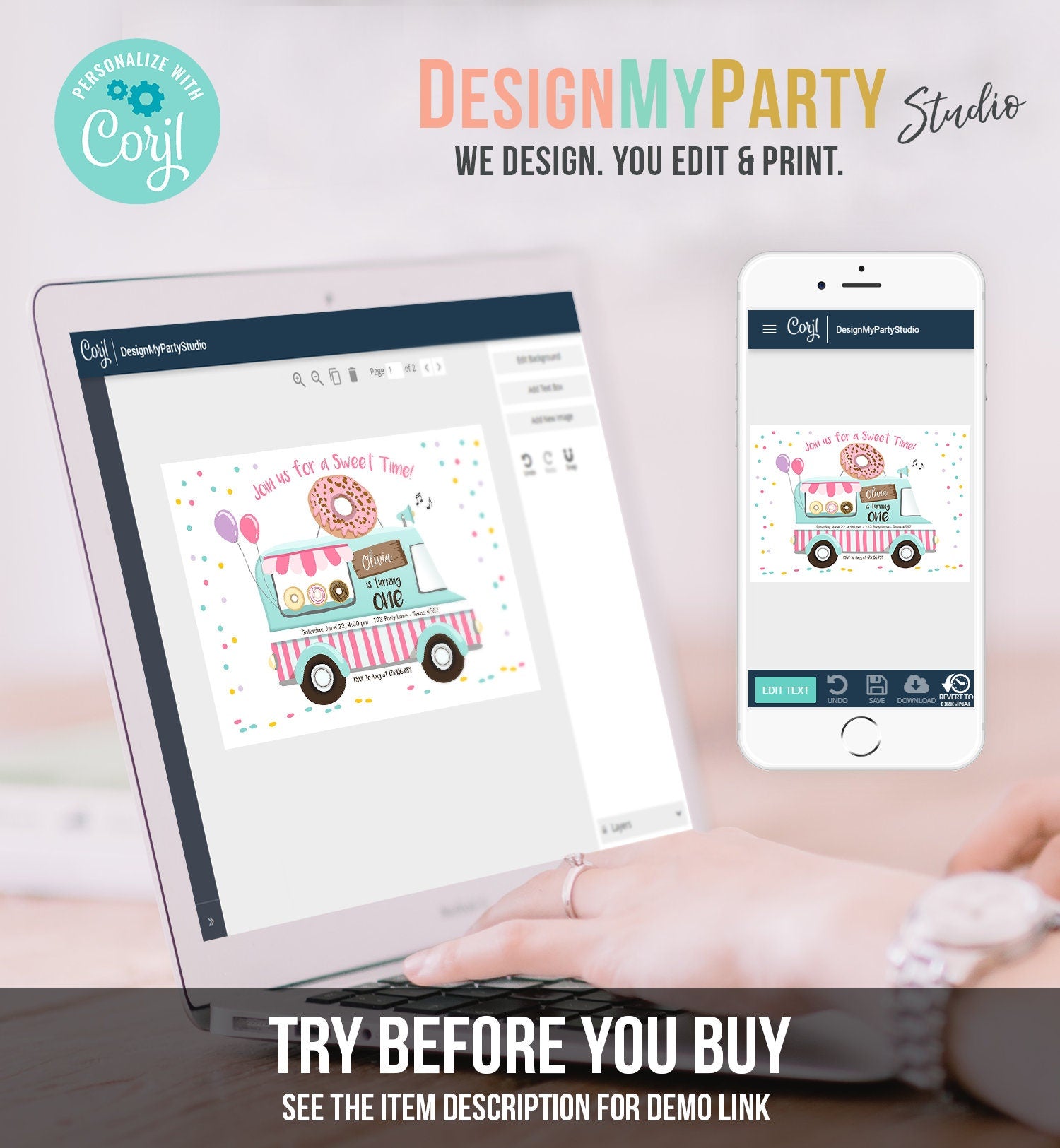 Editable Donut Truck Birthday Invitation Donut Birthday Party Pink Mint Purple Any Age Donut Sweet Party Printable Template Corjl 0050