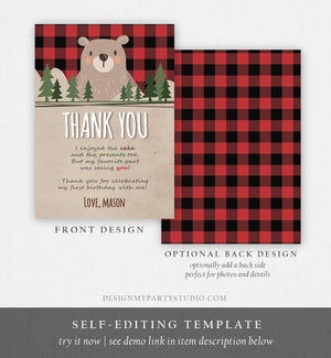 Editable Lumberjack Thank You Card Bear Birthday Rustic Woodland Birthday Forest Buffalo Plaid Winter Download Printable Template Corjl 0026