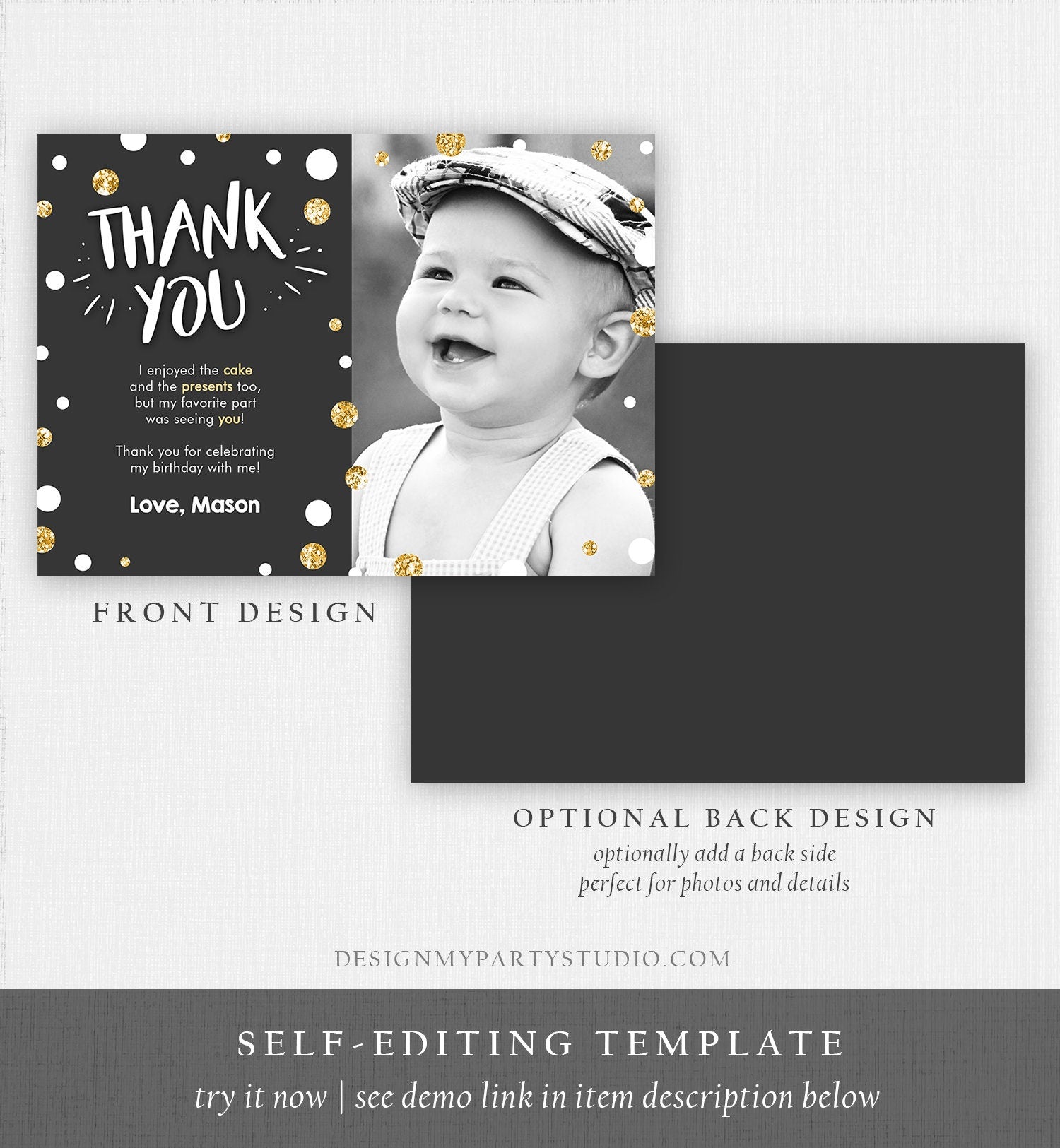 Editable Mr Onederful Thank You Card Black and Gold Boy Birthday Bow Tie Confetti 1st Birthday Printable Template Digital Corjl 0072