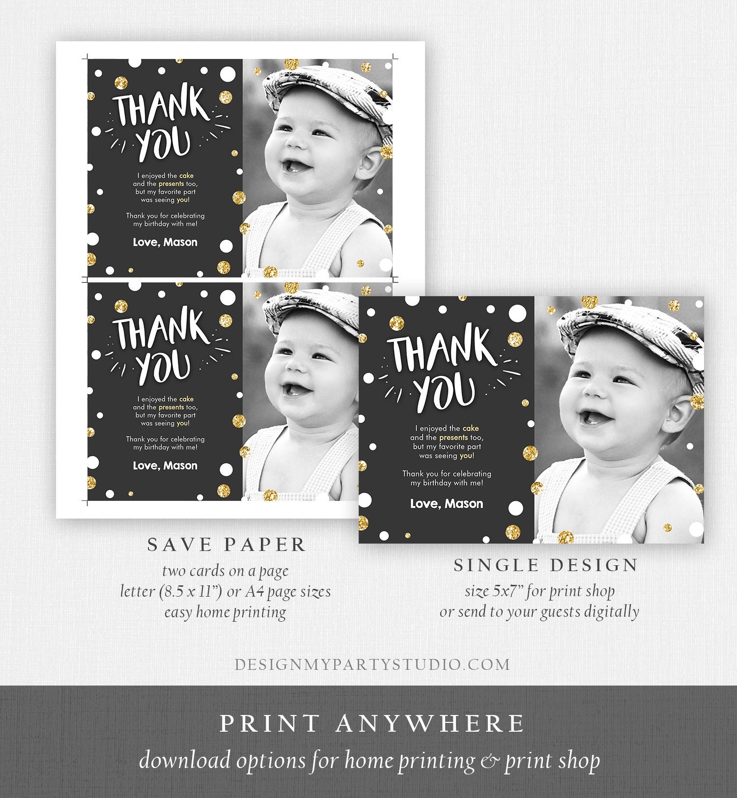 Editable Mr Onederful Thank You Card Black and Gold Boy Birthday Bow Tie Confetti 1st Birthday Printable Template Digital Corjl 0072