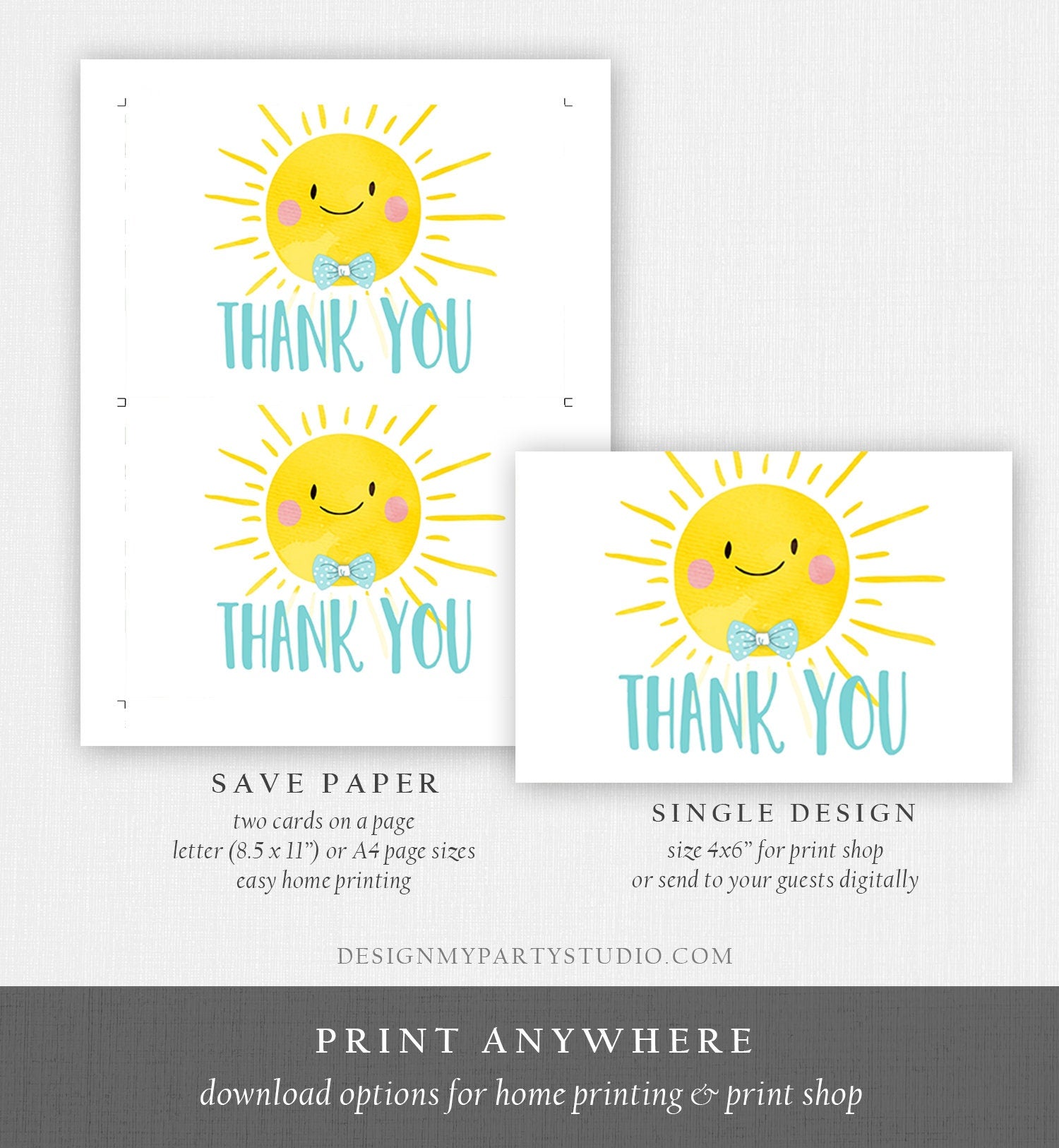 Editable Little Sunshine Thank You Card Birthday Party Blue Boy Bow Baby Shower First Birthday Digital Corjl Template Printable 0141