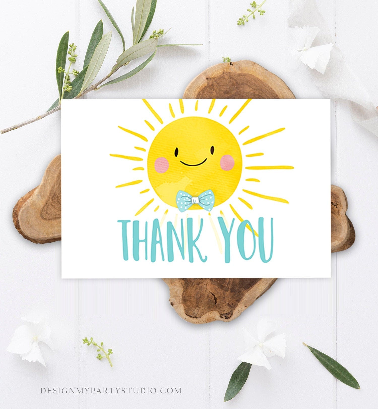 Editable Little Sunshine Thank You Card Birthday Party Blue Boy Bow Baby Shower First Birthday Digital Corjl Template Printable 0141