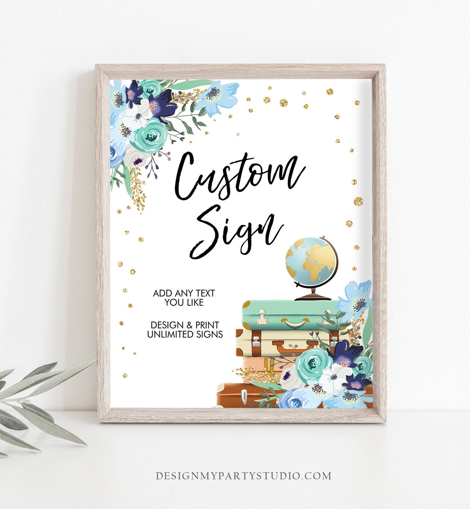 Editable Custom Sign Floral Travel Adventure Bridal Shower Traveling Journey Flowers Floral Blue Gold Confetti Corjl Template PRINTABLE 0030