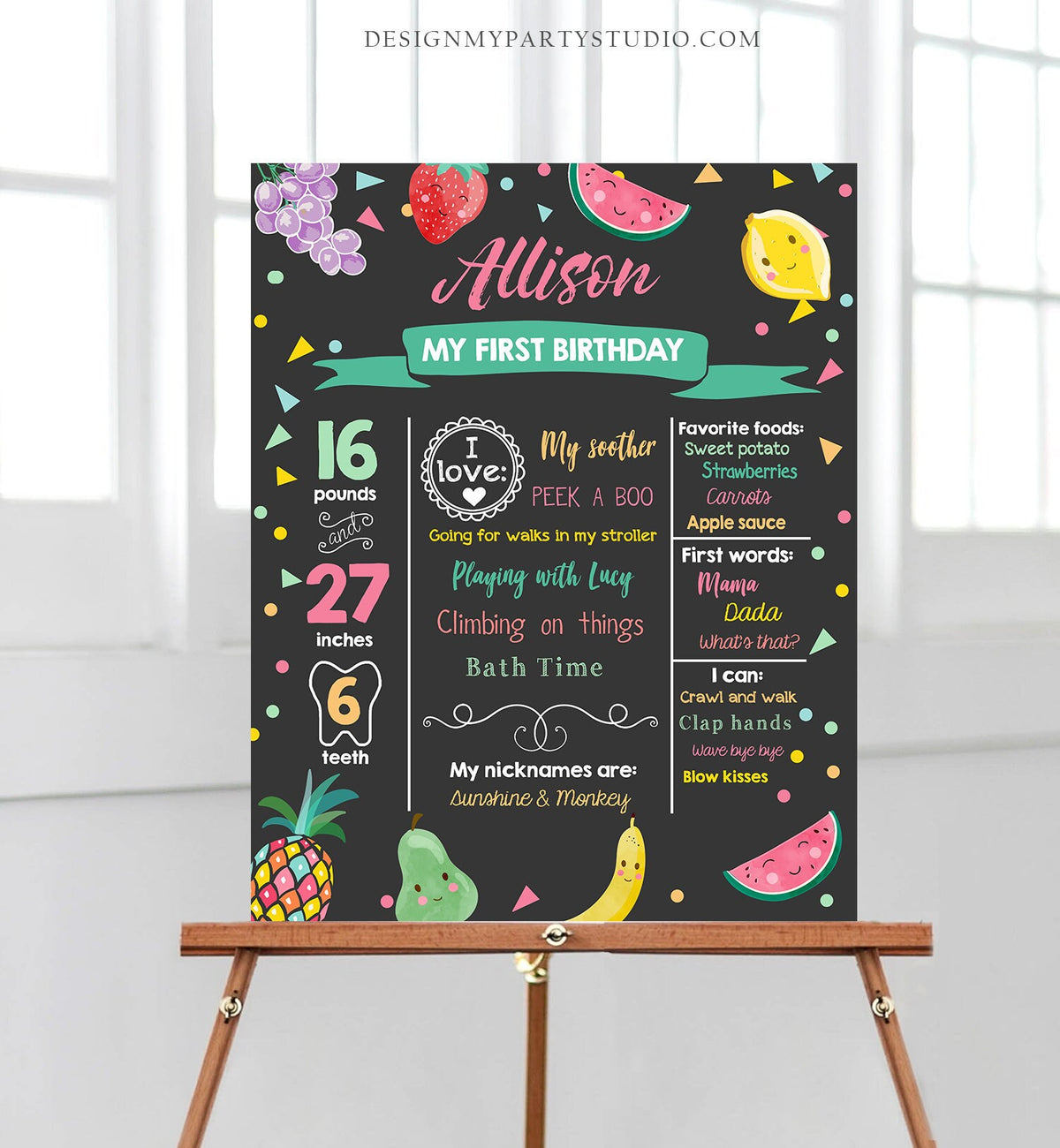 Editable Fruit Birthday Milestones Sign Girl Pink Twotti Frutti Tropical Summer Fruit Frutti Digital Download Printable Template Corjl 0139