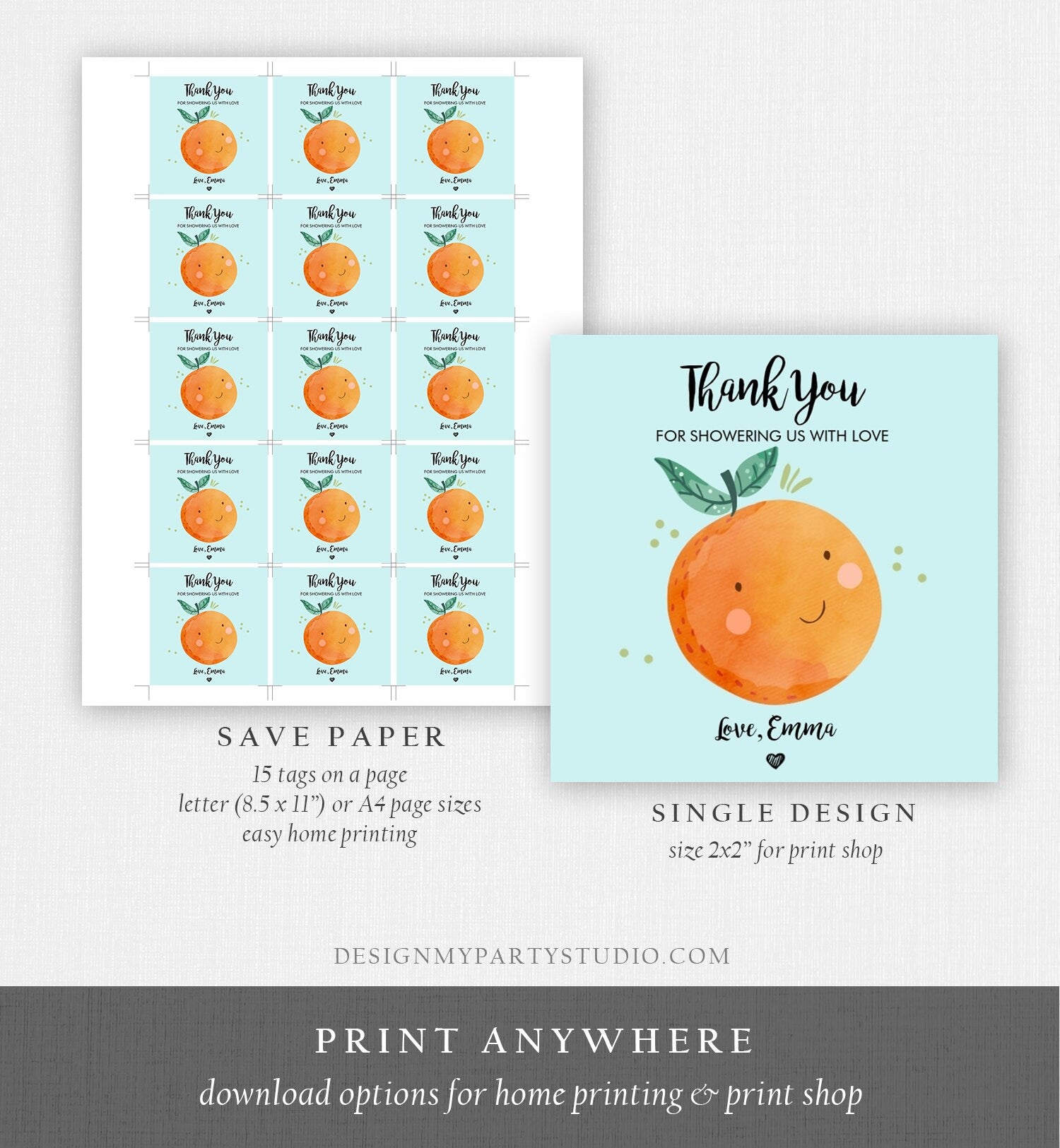 Editable A Little Cutie is on The Way Favor Tag Orange Clementine Baby Shower Cutie Gift Blue Boy Square Round Template Corjl Printable 0330