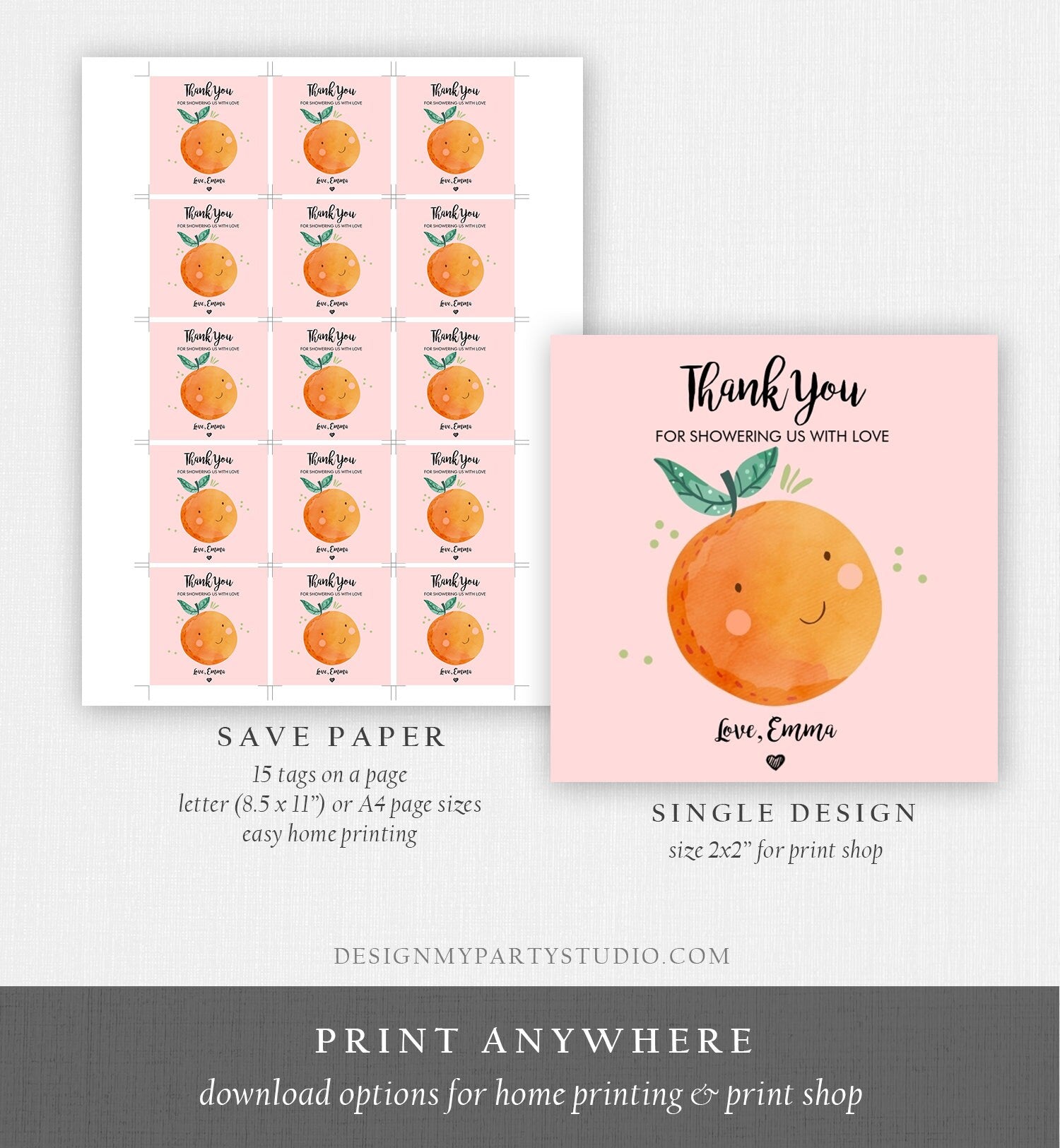 Editable A Little Cutie is on The Way Favor Tag Orange Clementine Baby Shower Cute Gift Pink Girl Square Round Template Corjl Printable 0330