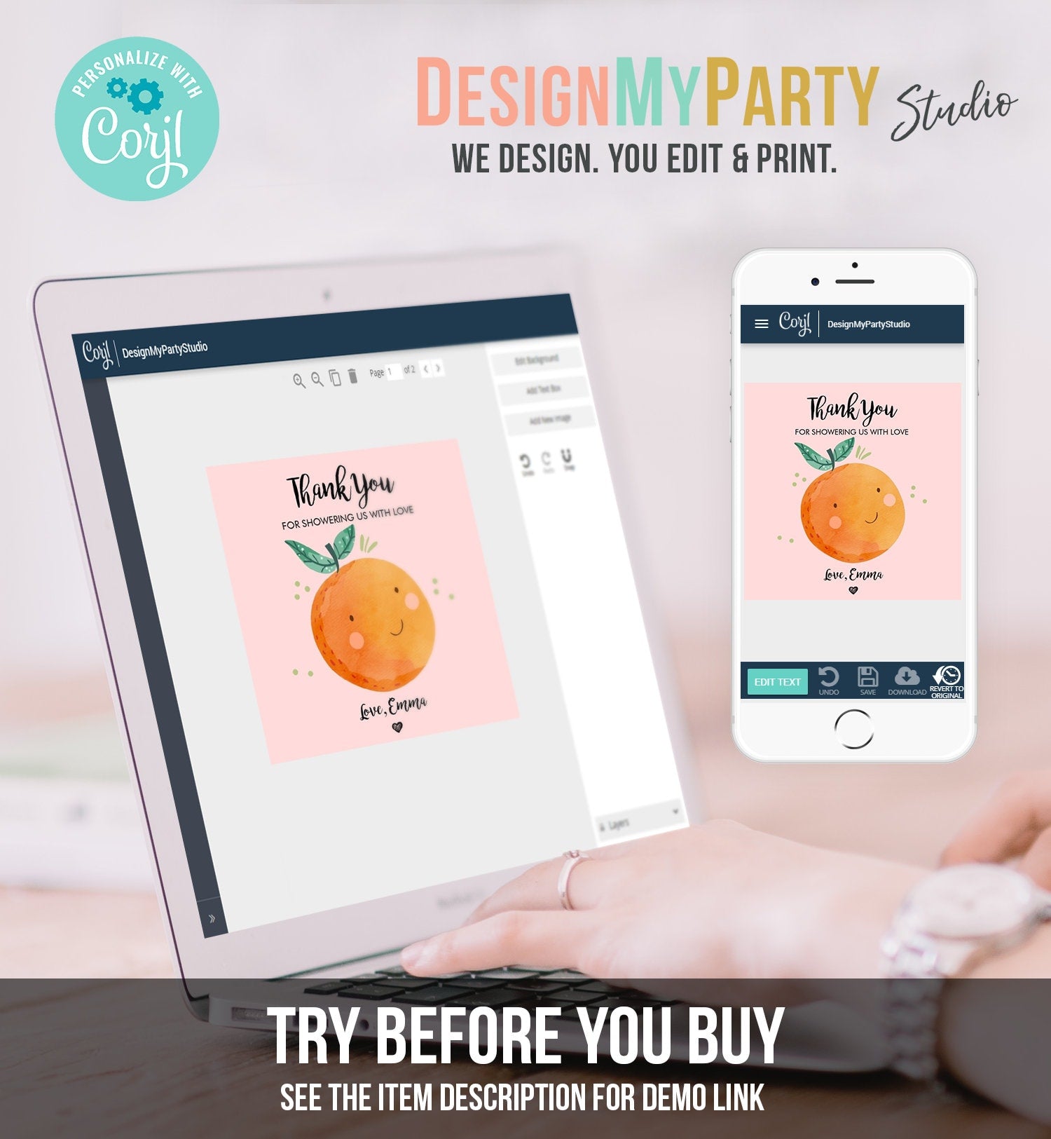 Editable A Little Cutie is on The Way Favor Tag Orange Clementine Baby Shower Cute Gift Pink Girl Square Round Template Corjl Printable 0330