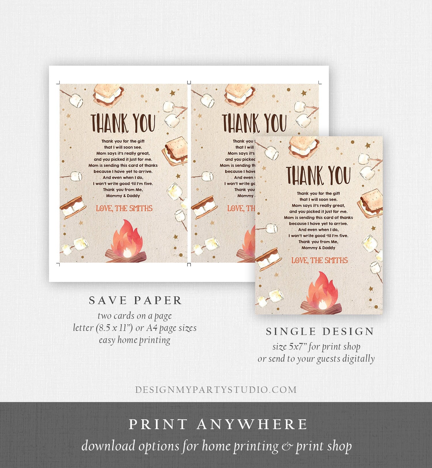 Editable Baby shower Thank you Card S'more fun Smores Thank You Rustic Gender Neutral Fall Autumn Template Instant Download Corjl 0179